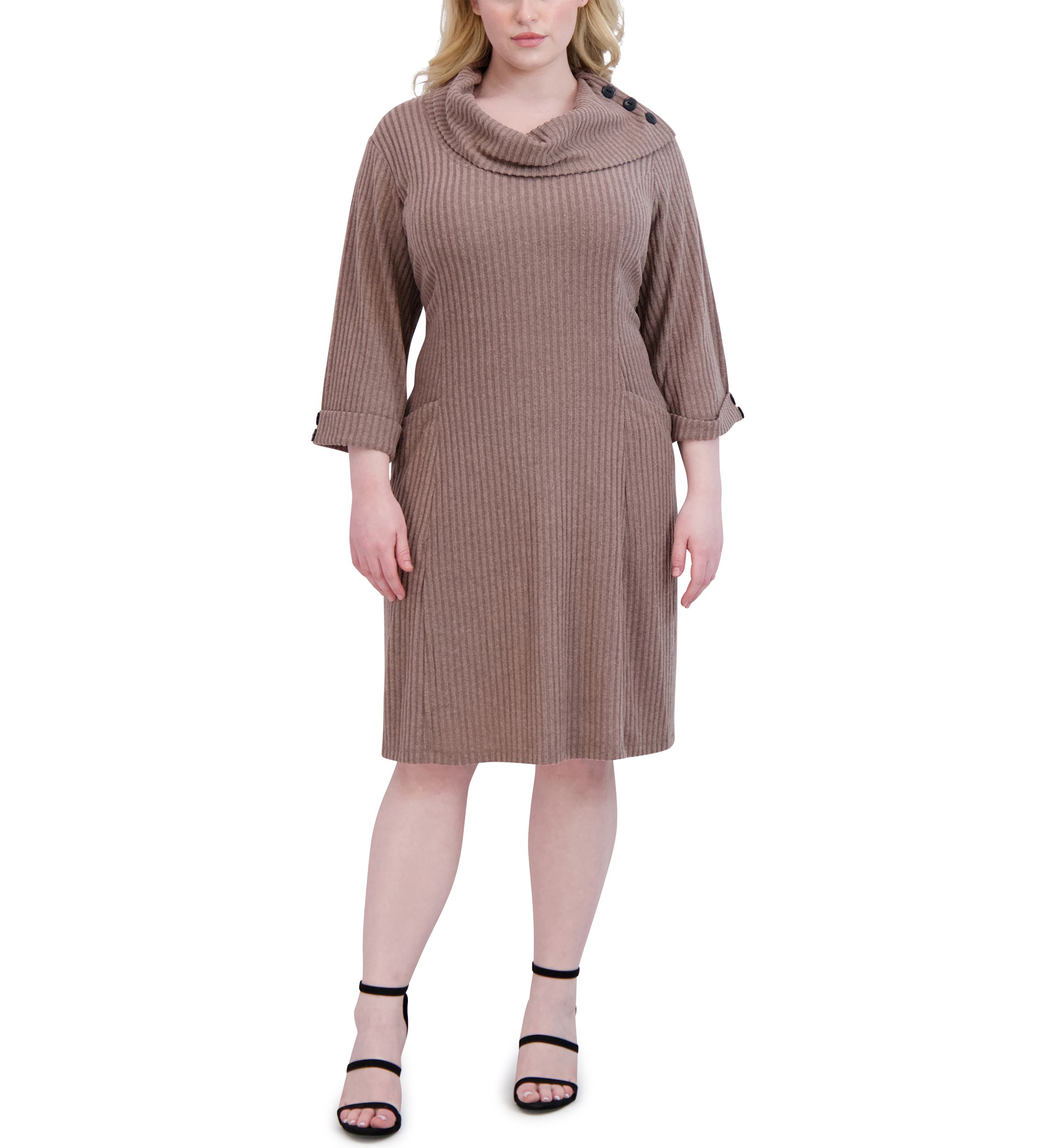 Plus Size Elbow Sleeve Hacci Envelope Neck Fit and Flare Dress