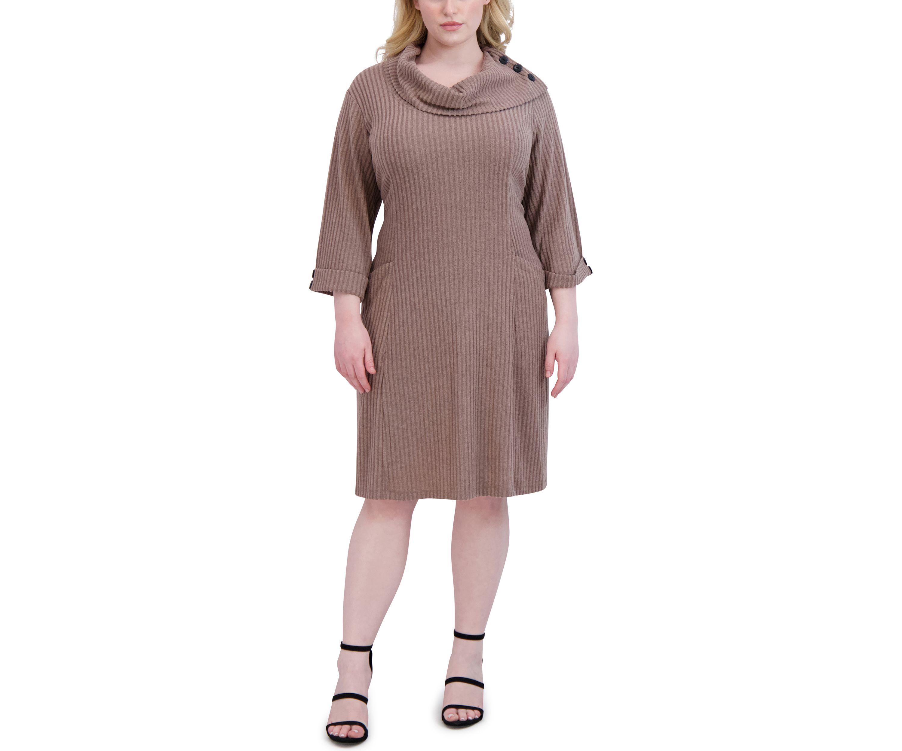 Plus Size Elbow Sleeve Hacci Envelope Neck Fit and Flare Dress