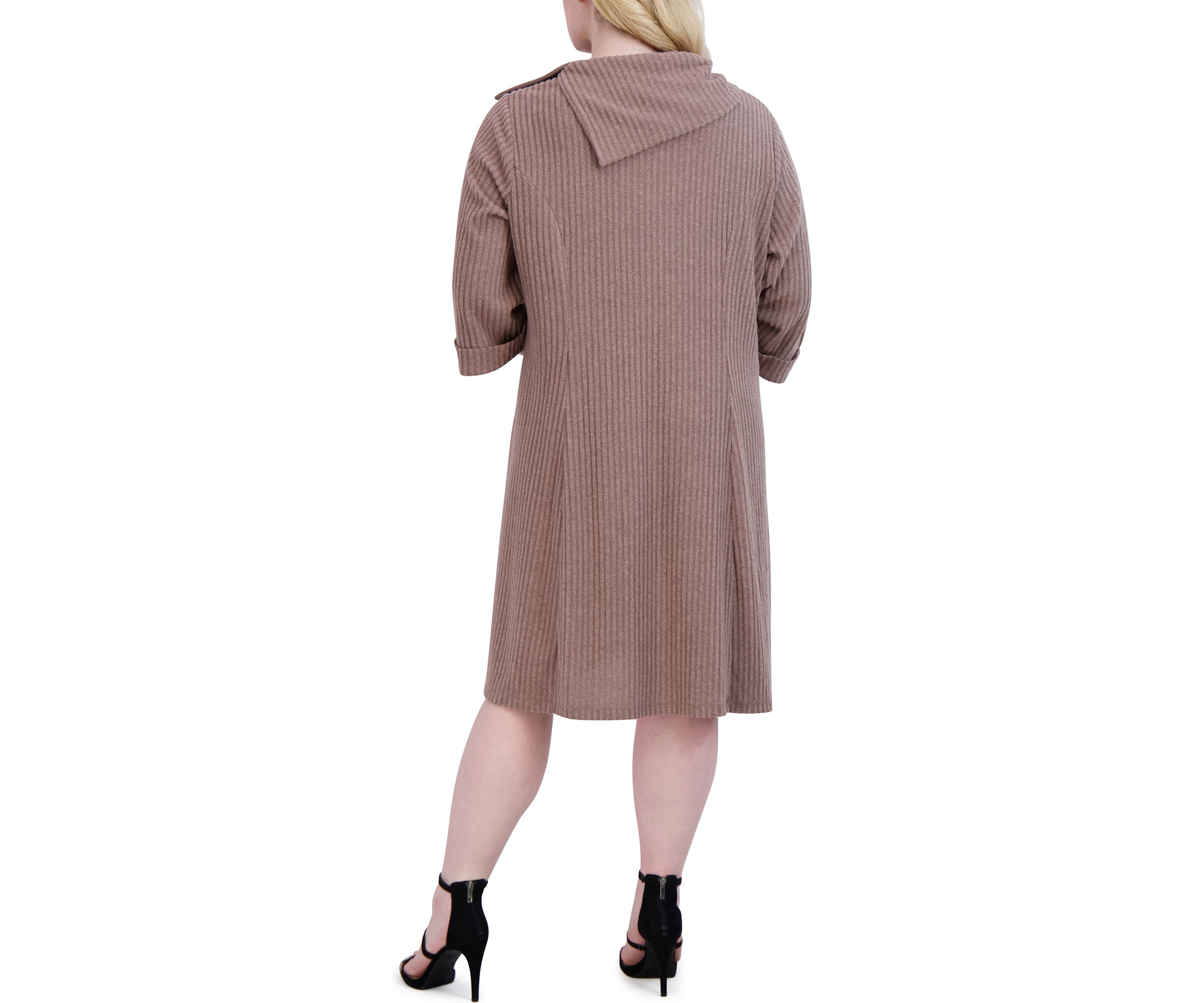 Plus Size Elbow Sleeve Hacci Envelope Neck Fit and Flare Dress