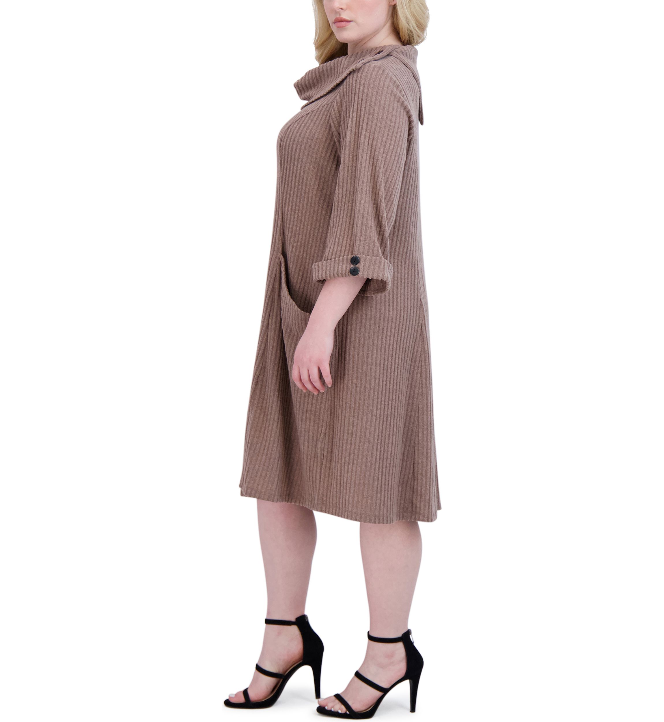 Plus Size Elbow Sleeve Hacci Envelope Neck Fit and Flare Dress