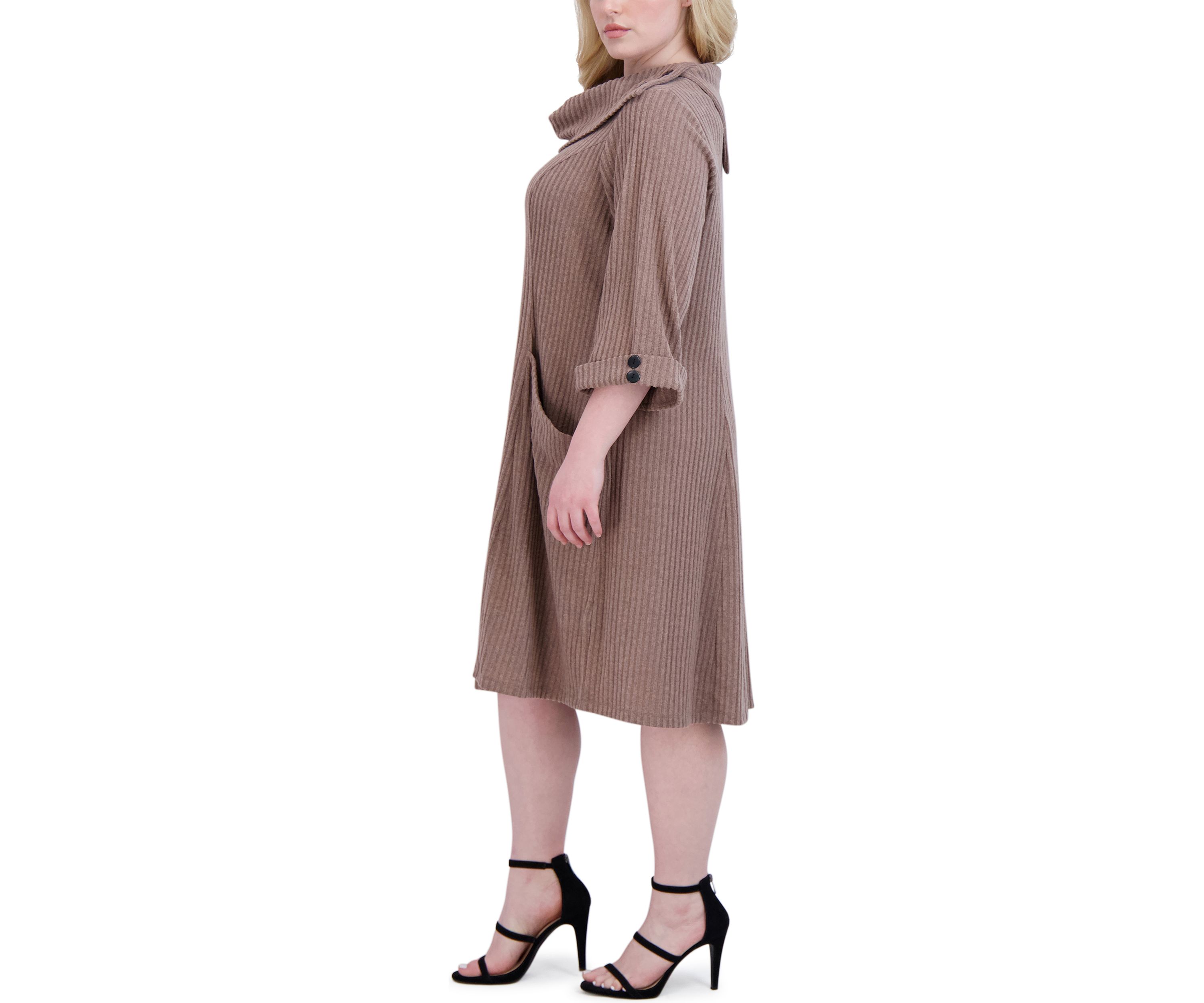 Plus Size Elbow Sleeve Hacci Envelope Neck Fit and Flare Dress
