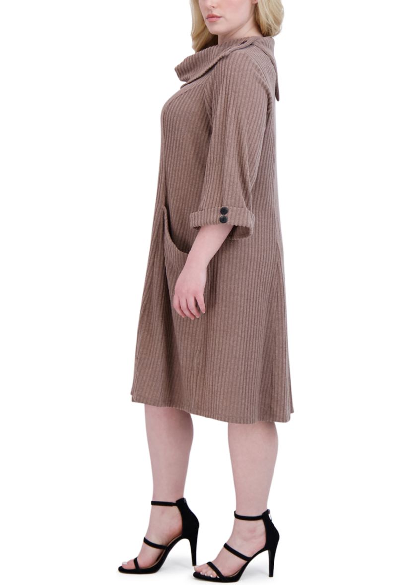 Plus Size Elbow Sleeve Hacci Envelope Neck Fit and Flare Dress