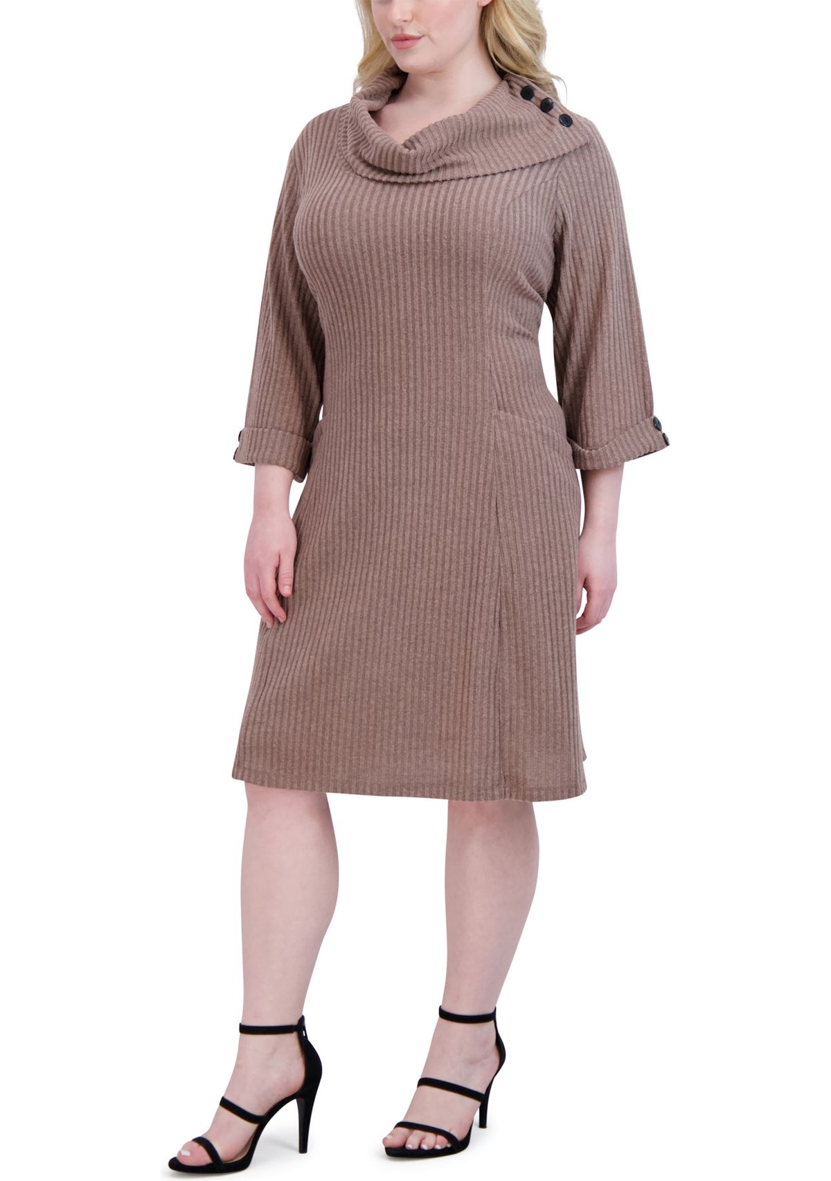 Plus Size Elbow Sleeve Hacci Envelope Neck Fit and Flare Dress