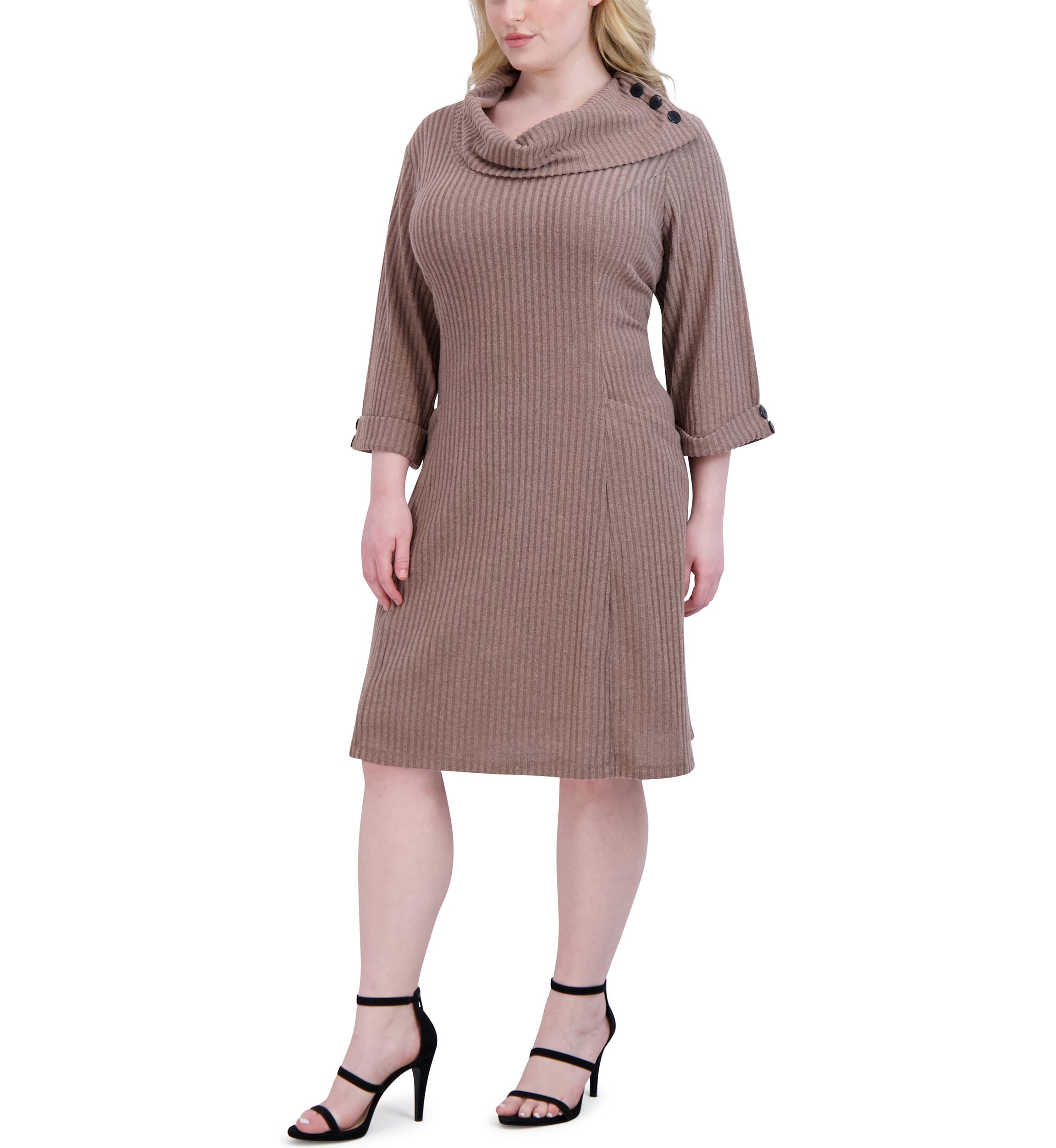 Plus Size Elbow Sleeve Hacci Envelope Neck Fit and Flare Dress