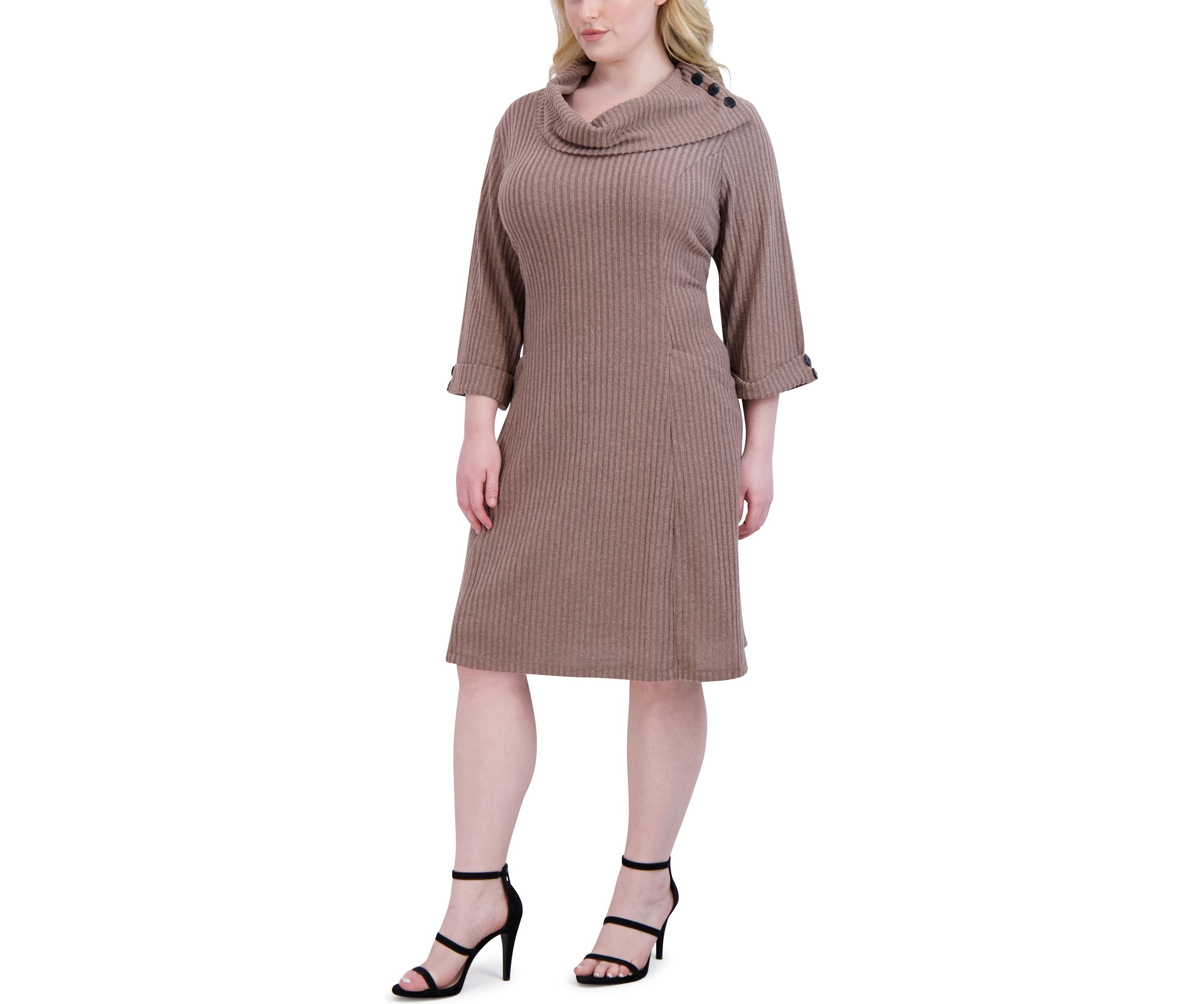 Plus Size Elbow Sleeve Hacci Envelope Neck Fit and Flare Dress