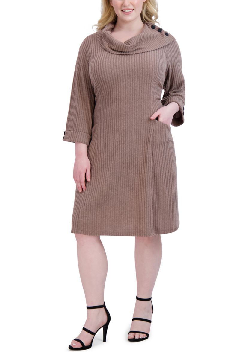 Plus Size Elbow Sleeve Hacci Envelope Neck Fit and Flare Dress