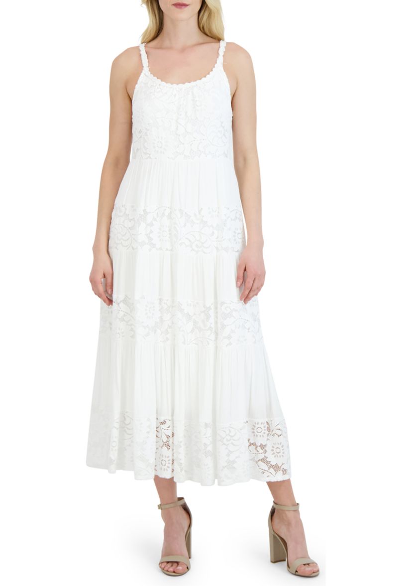 Womens Sleeveless Scoop Neck Lace Maxi Dress