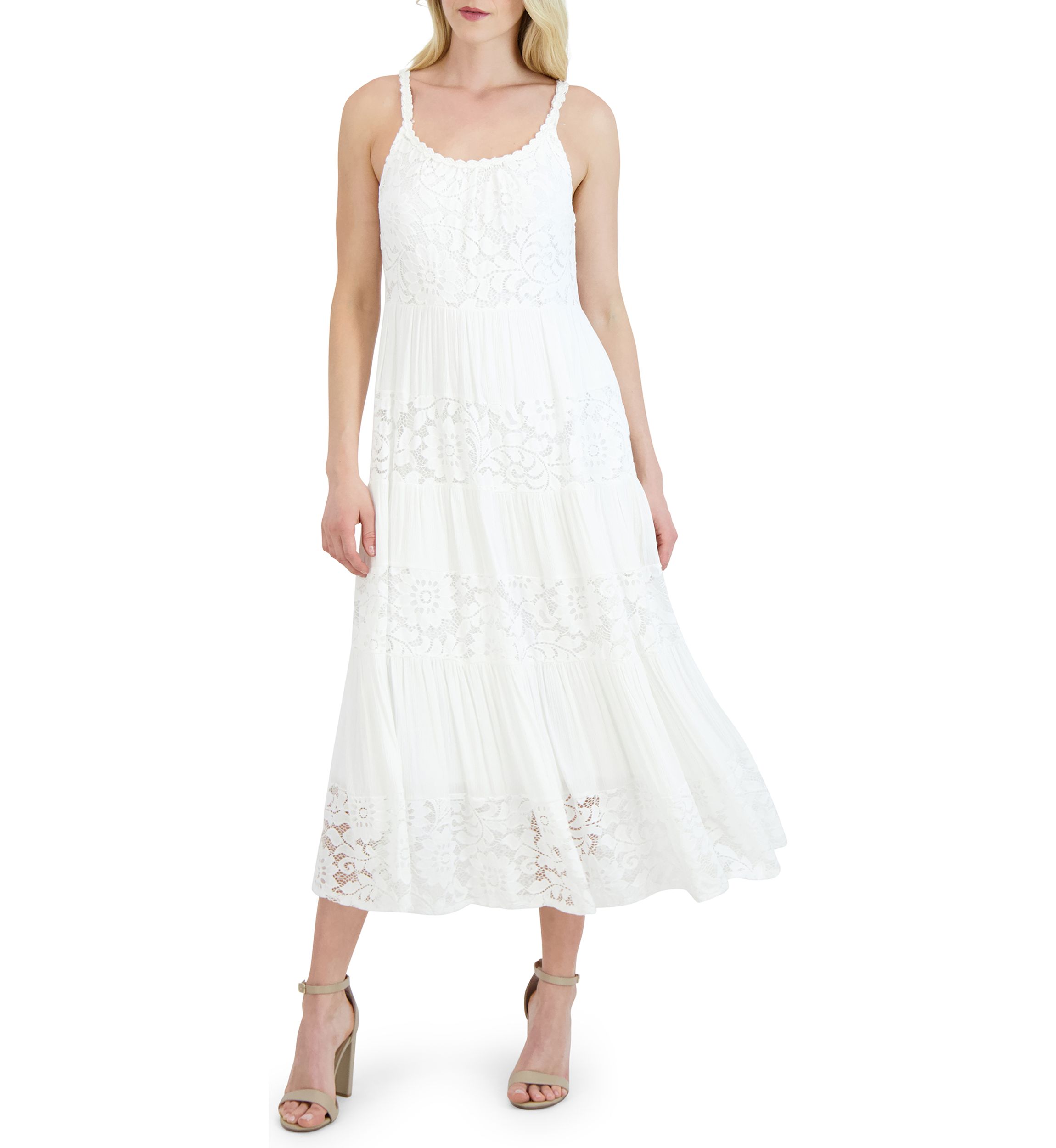Womens Sleeveless Cami Solid Lace Midi Dress