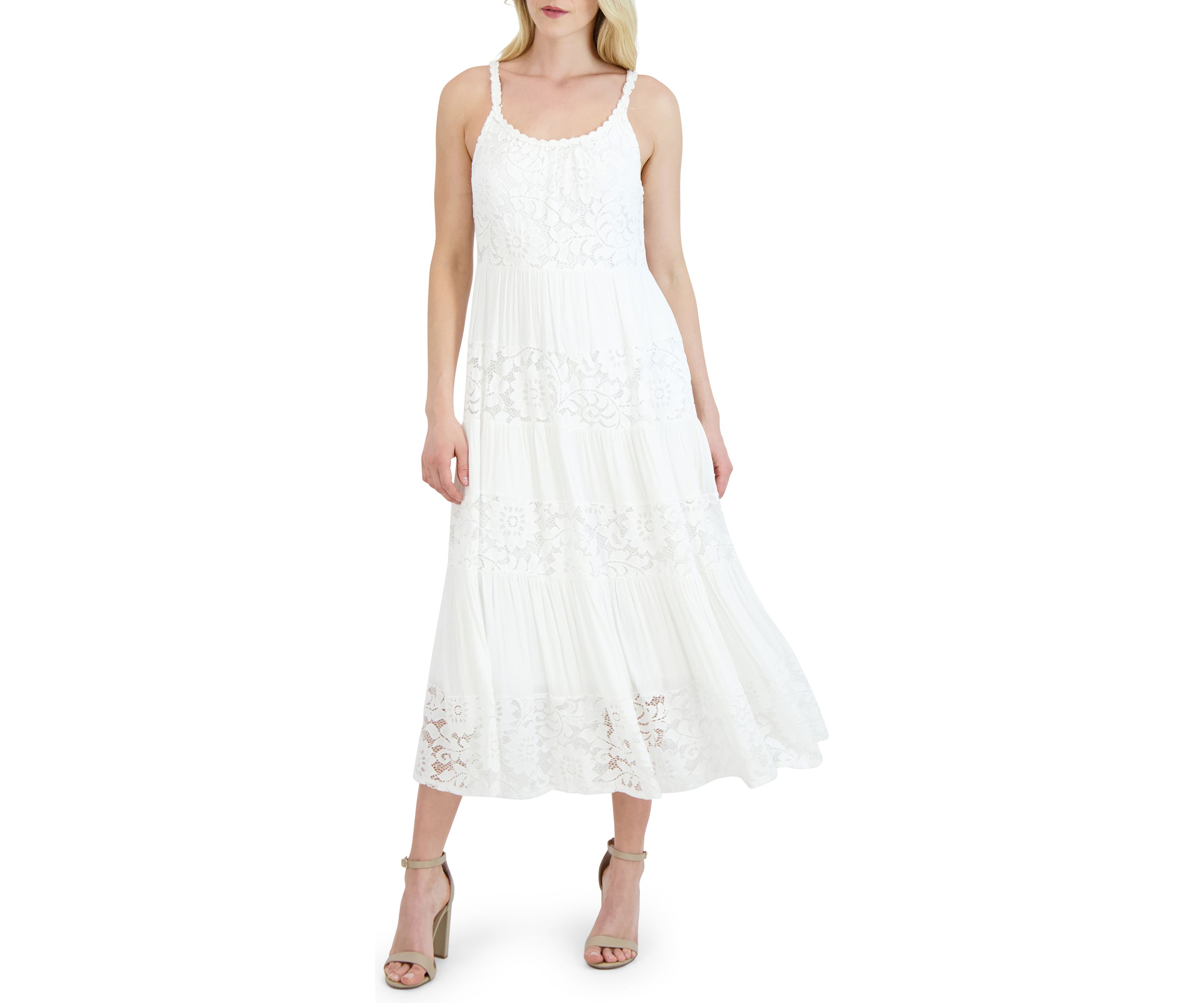 Womens Sleeveless Cami Solid Lace Midi Dress