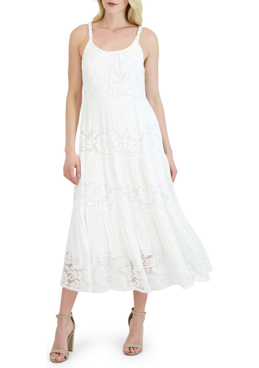 Womens Sleeveless Cami Solid Lace Midi Dress