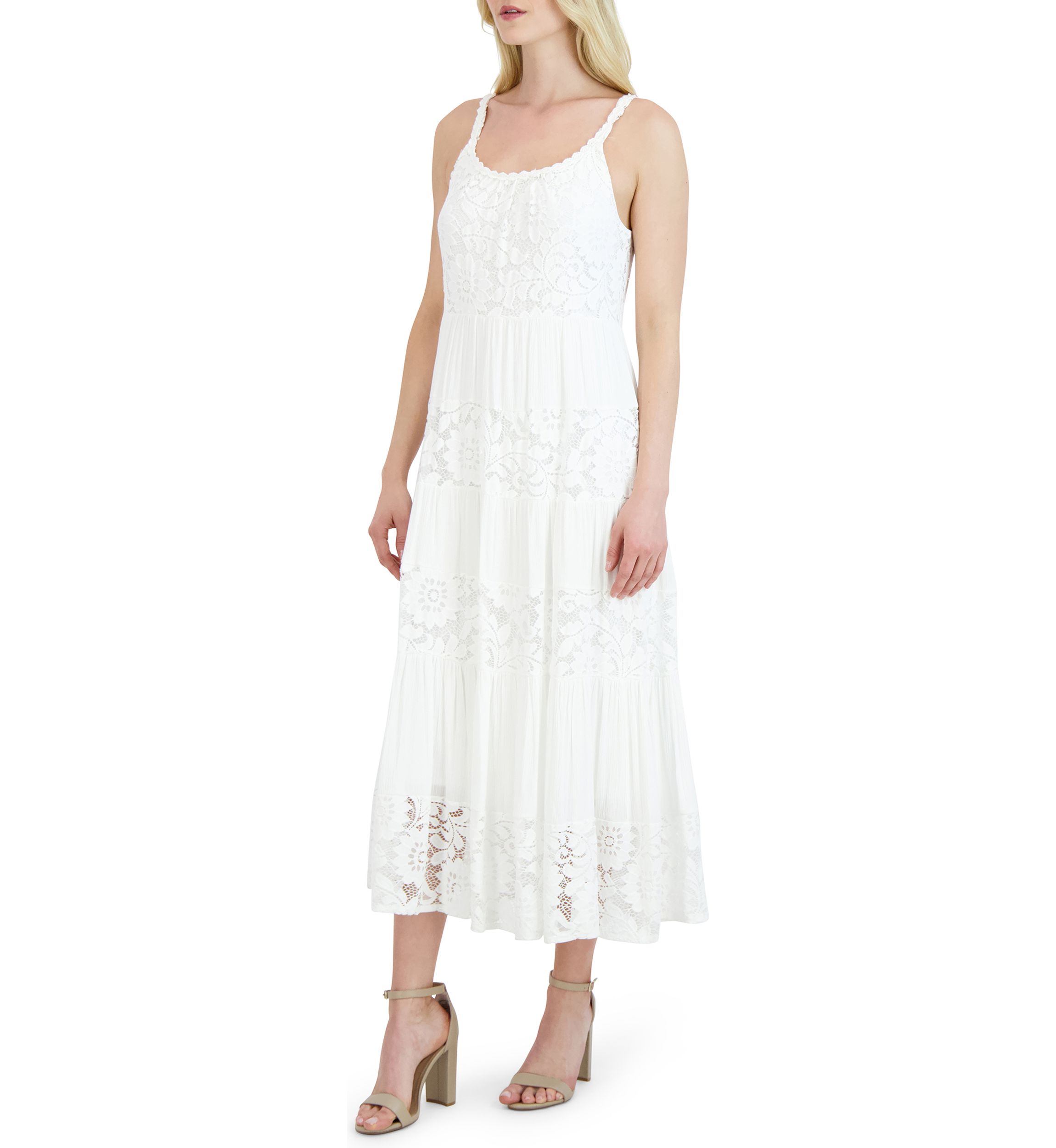 Womens Sleeveless Cami Solid Lace Midi Dress