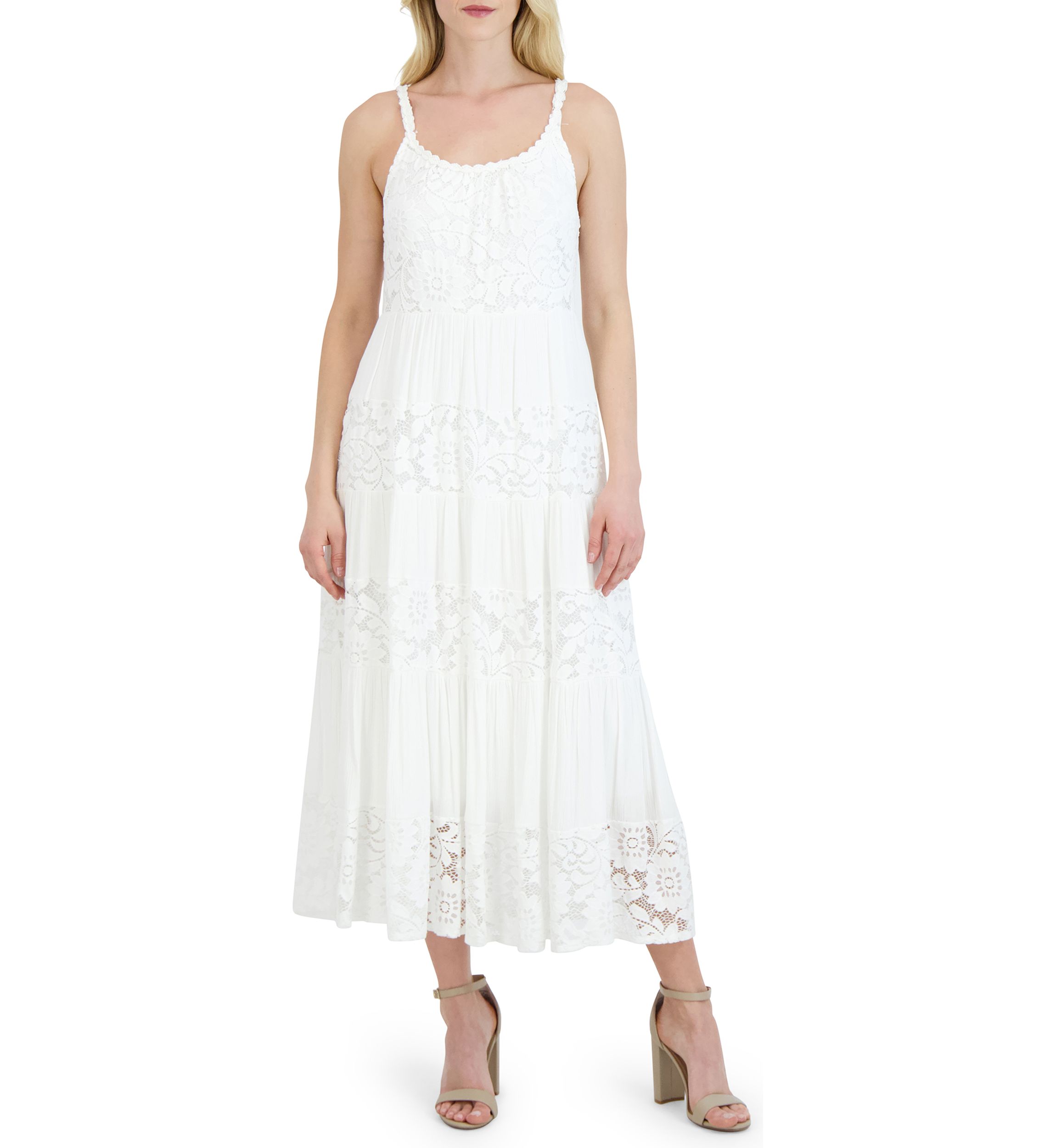 Womens Sleeveless Cami Solid Lace Midi Dress