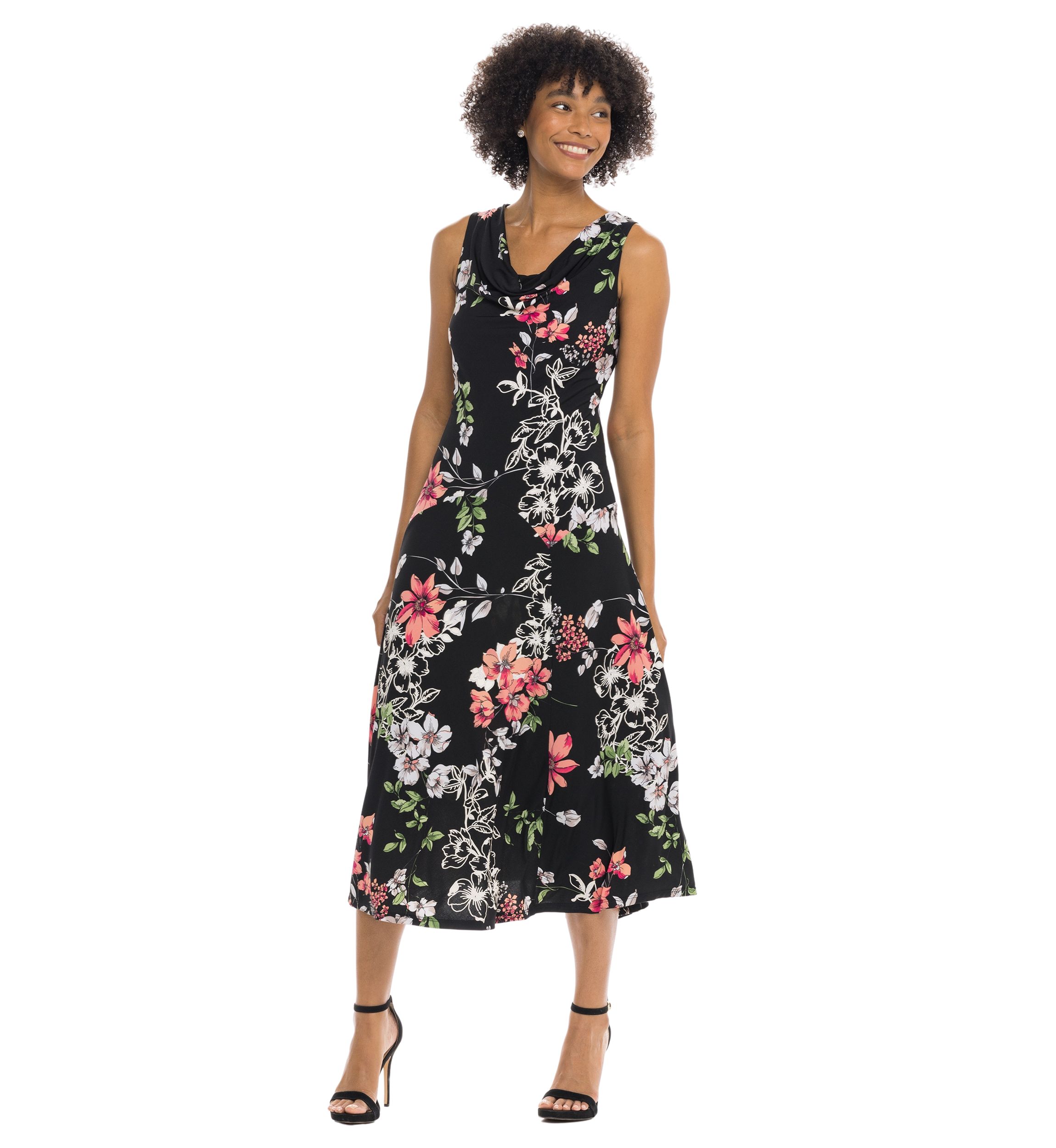 Womens Sleeveless V-Neck Floral Printed A-Line Dress