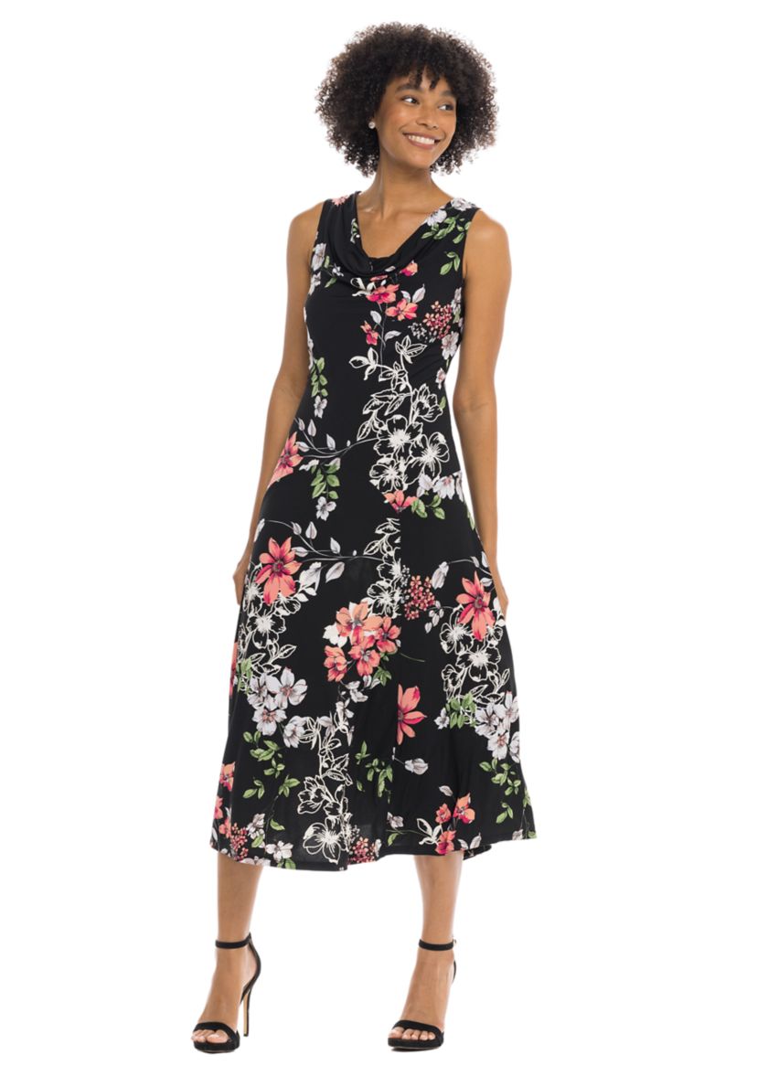 Womens Sleeveless V-Neck Floral Printed A-Line Dress
