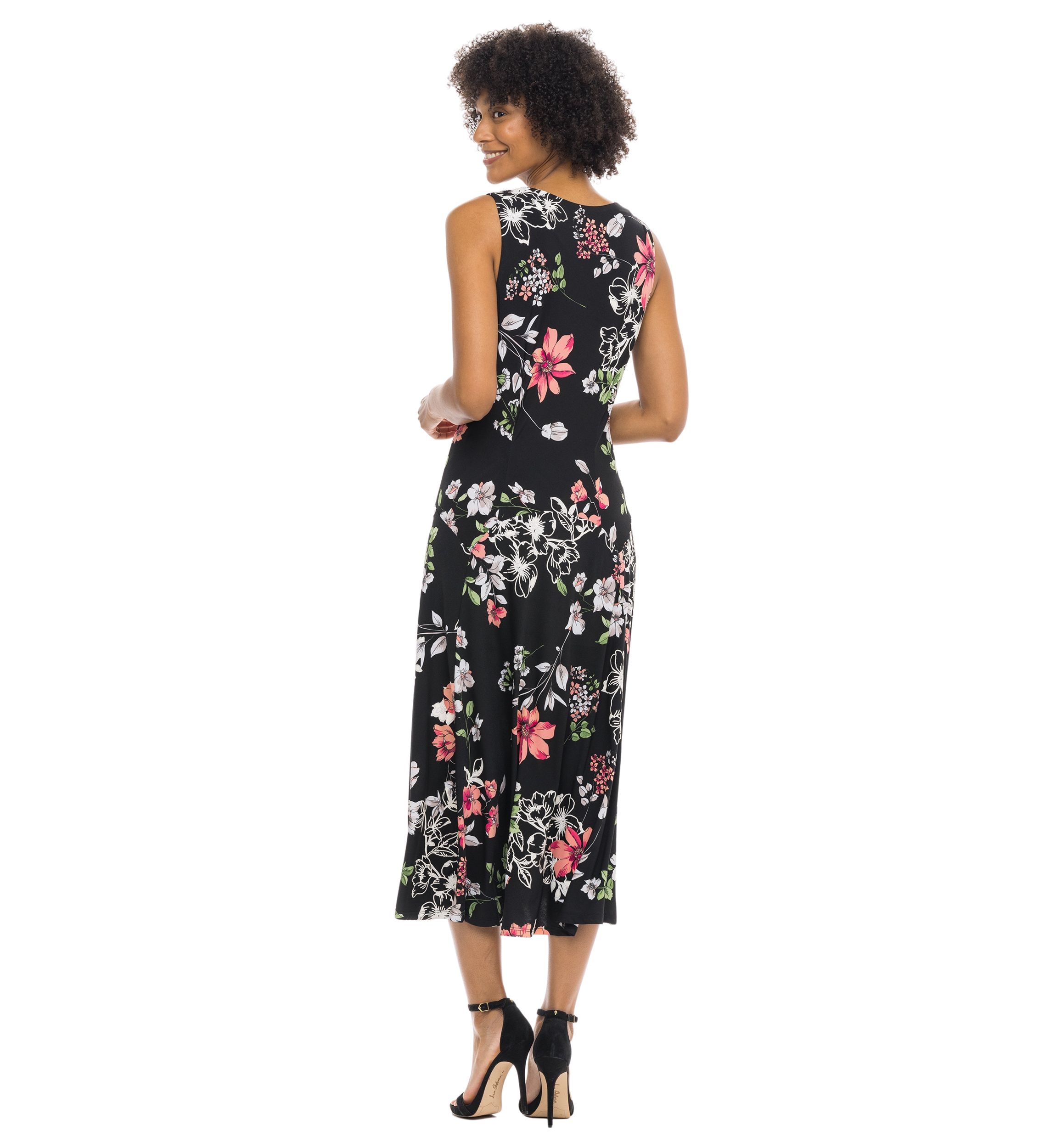 Womens Sleeveless V-Neck Floral Printed A-Line Dress