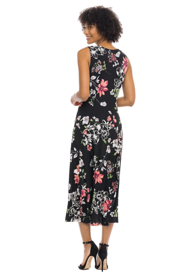 Womens Sleeveless V-Neck Floral Printed A-Line Dress