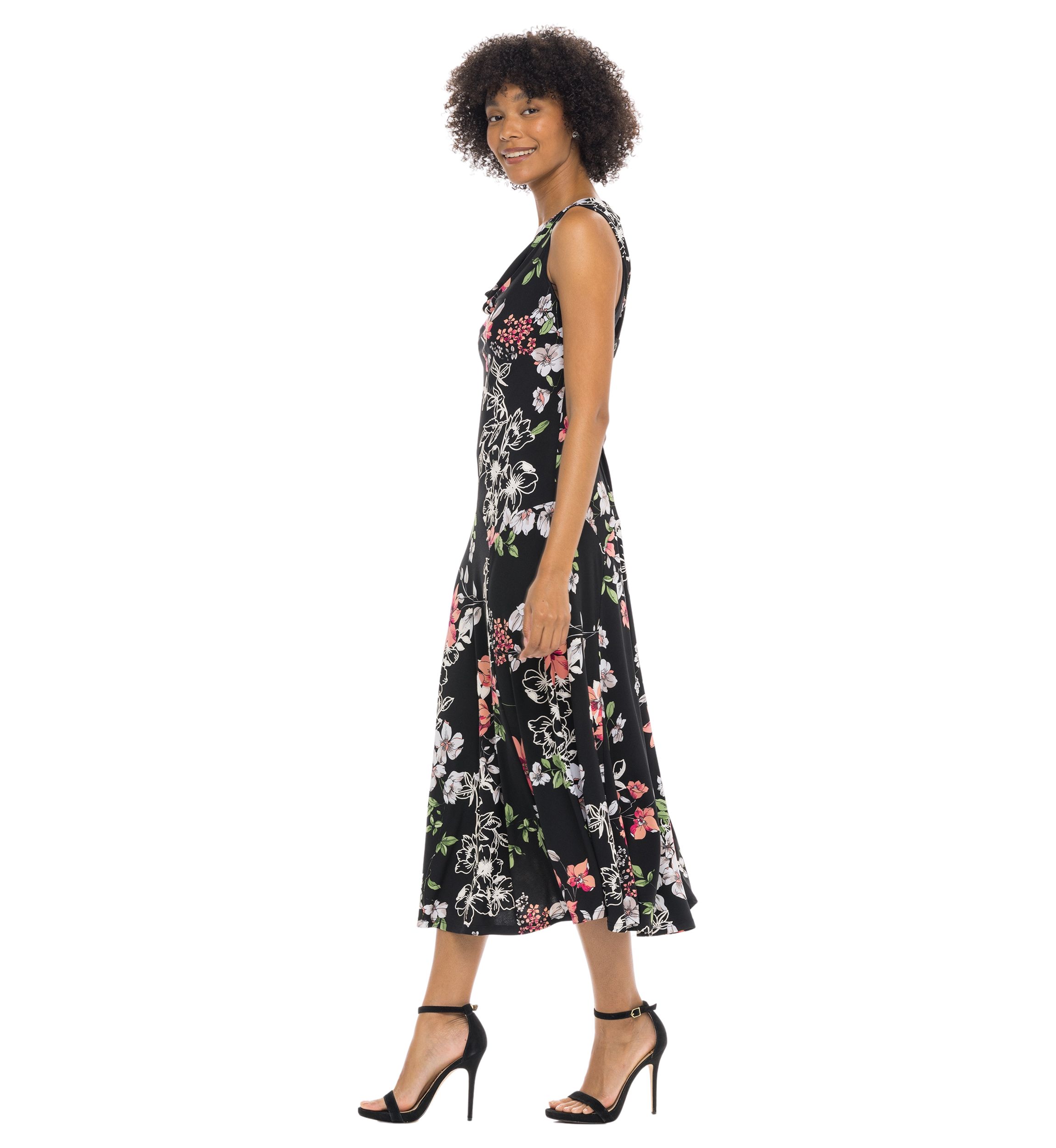 Womens Sleeveless V-Neck Floral Printed A-Line Dress