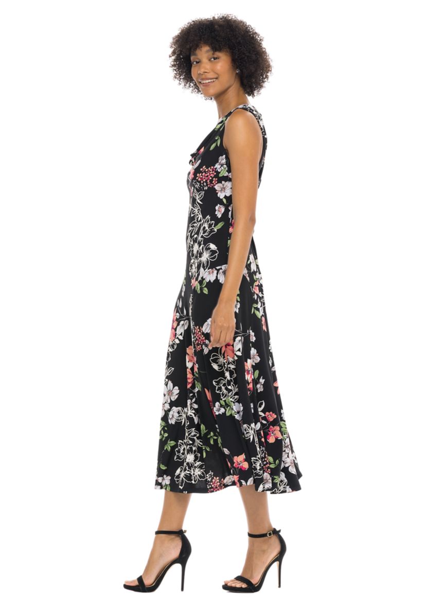 Womens Sleeveless V-Neck Floral Printed A-Line Dress