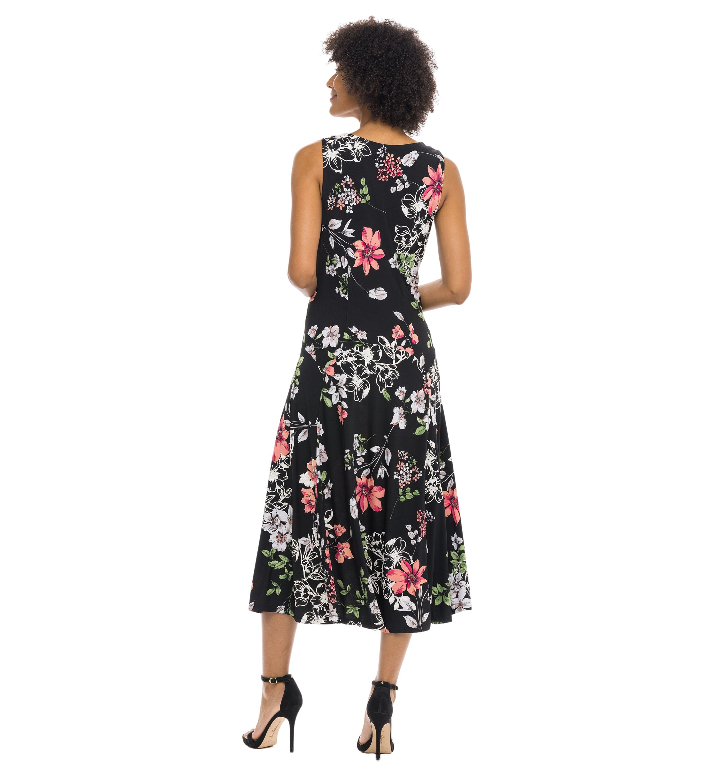 Womens Sleeveless V-Neck Floral Printed A-Line Dress