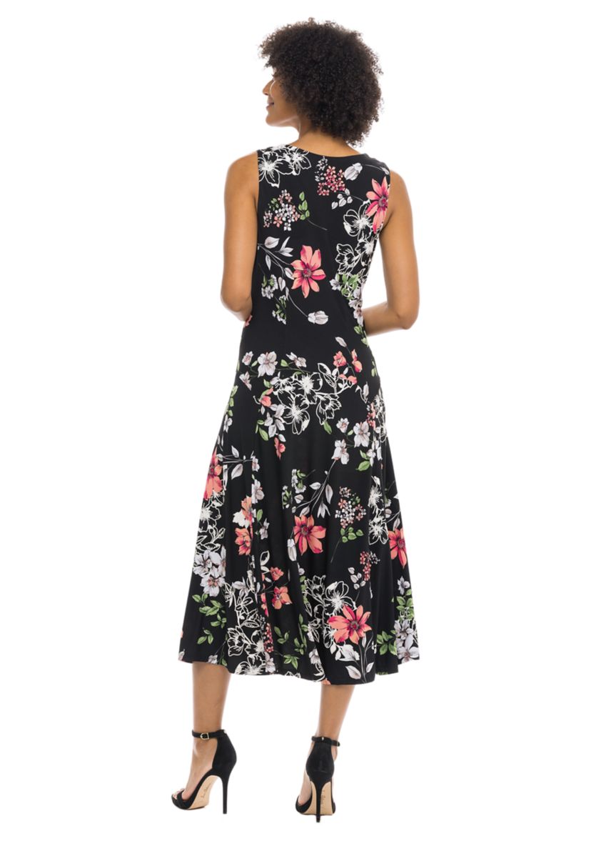Womens Sleeveless V-Neck Floral Printed A-Line Dress