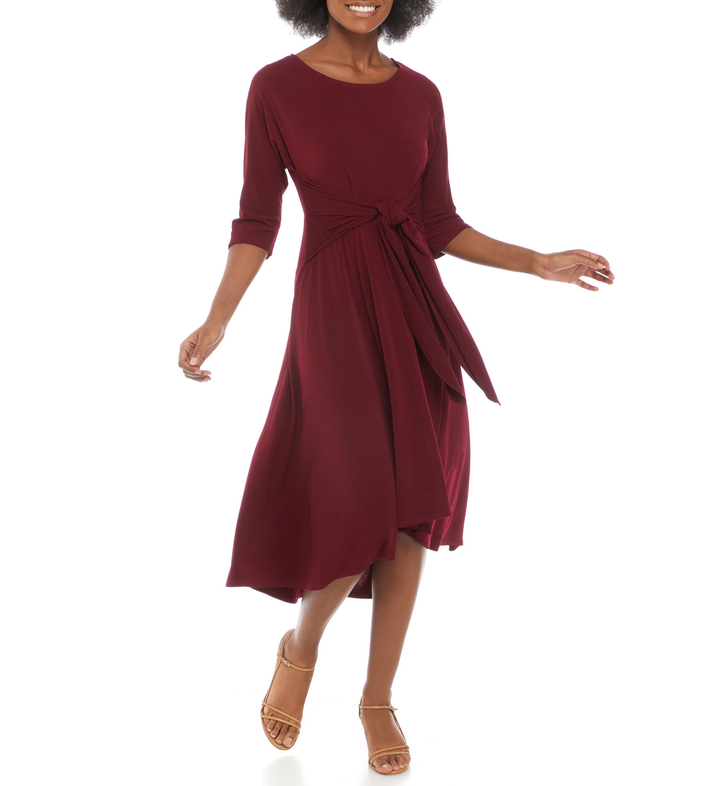 Womens Elbow Sleeve Tie Front Knit Midi Dress