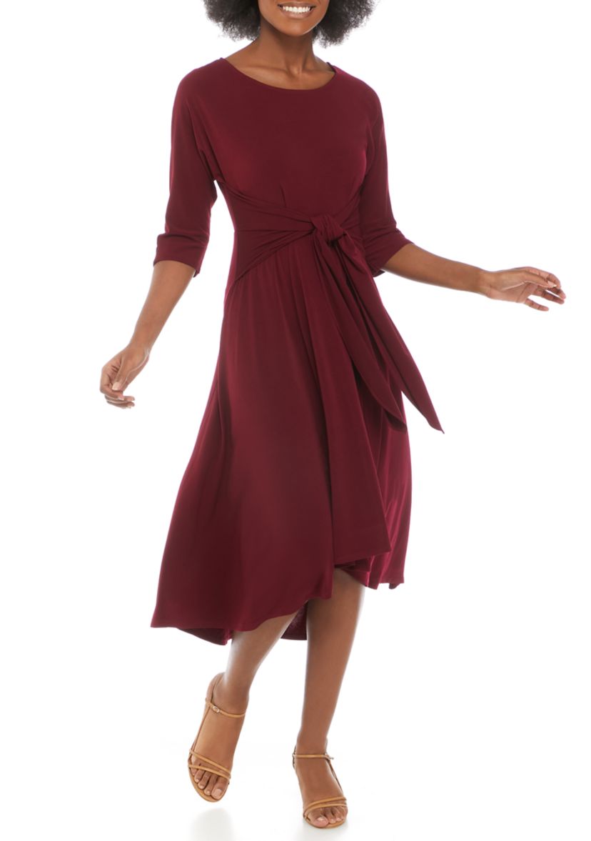 Womens Elbow Sleeve Tie Front Knit Midi Dress