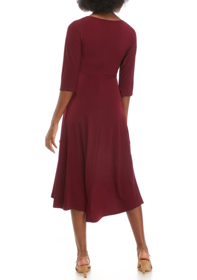 Womens Elbow Sleeve Tie Front Knit Midi Dress