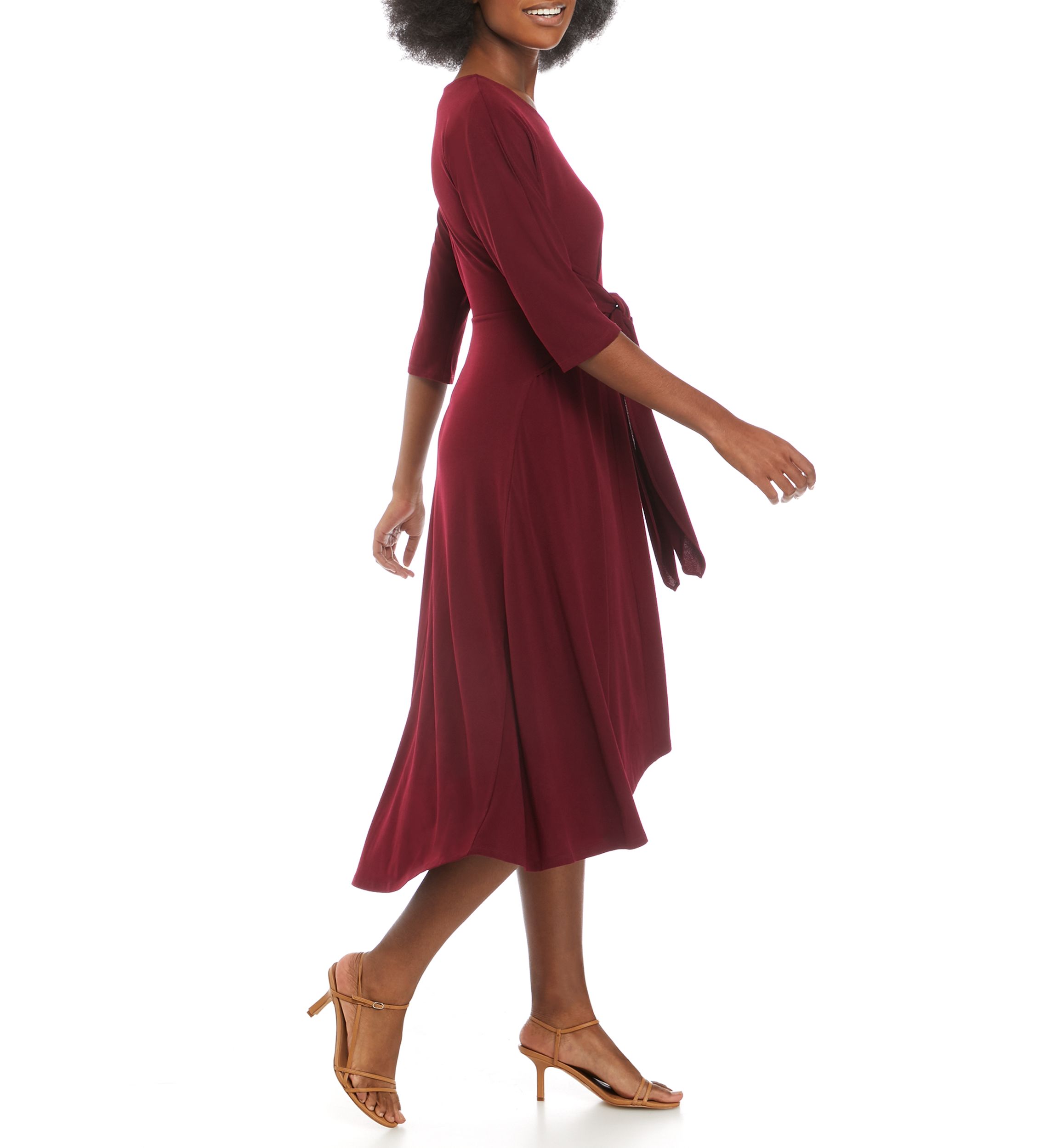 Womens Elbow Sleeve Tie Front Knit Midi Dress