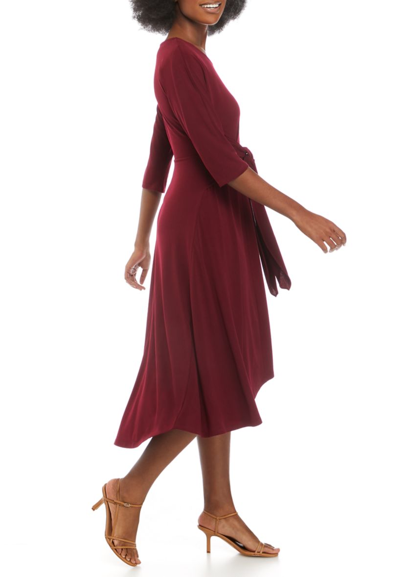 Womens Elbow Sleeve Tie Front Knit Midi Dress