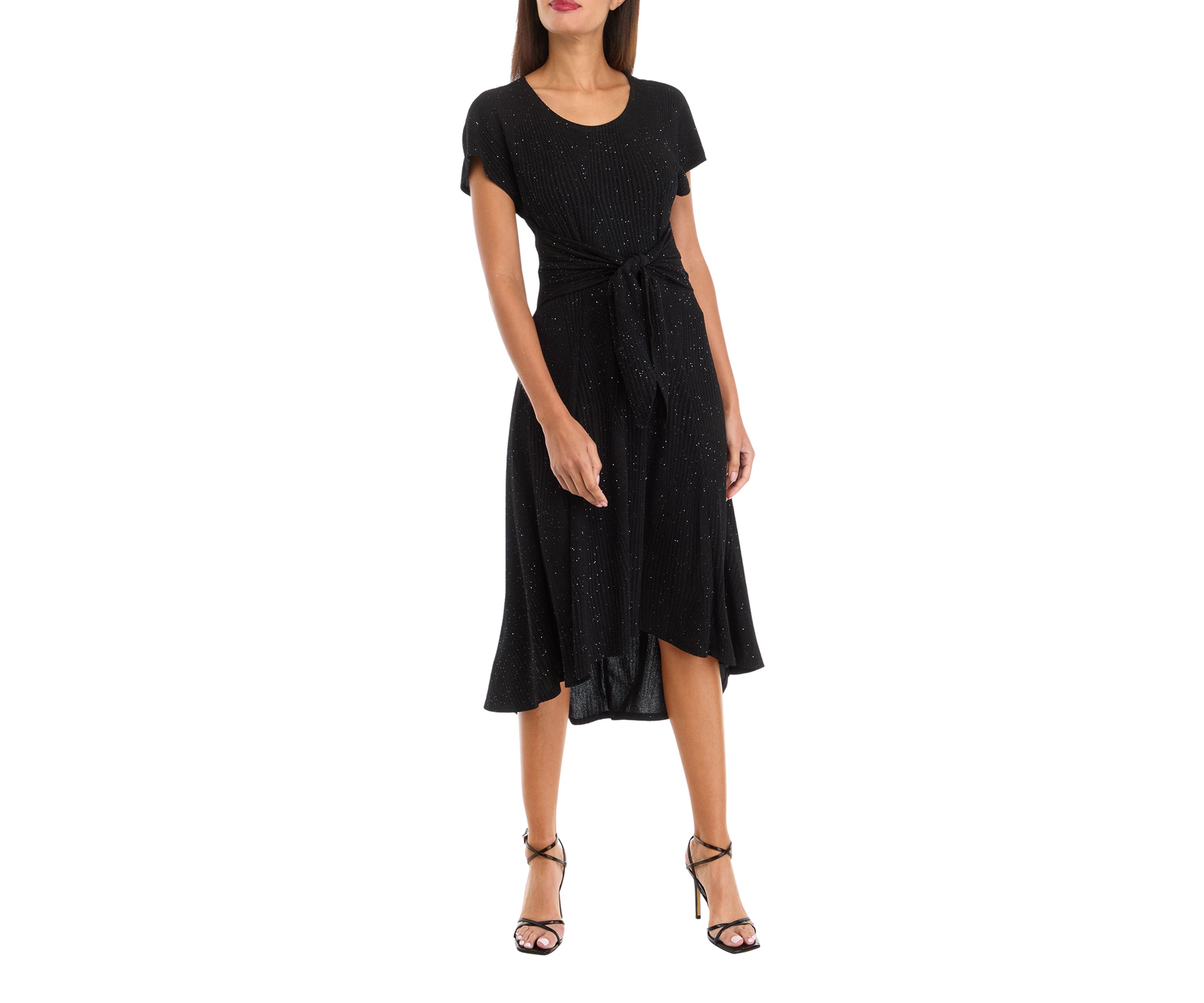 Womens Short Sleeve Tie Waist Solid Glitter Fit and Flare Dress