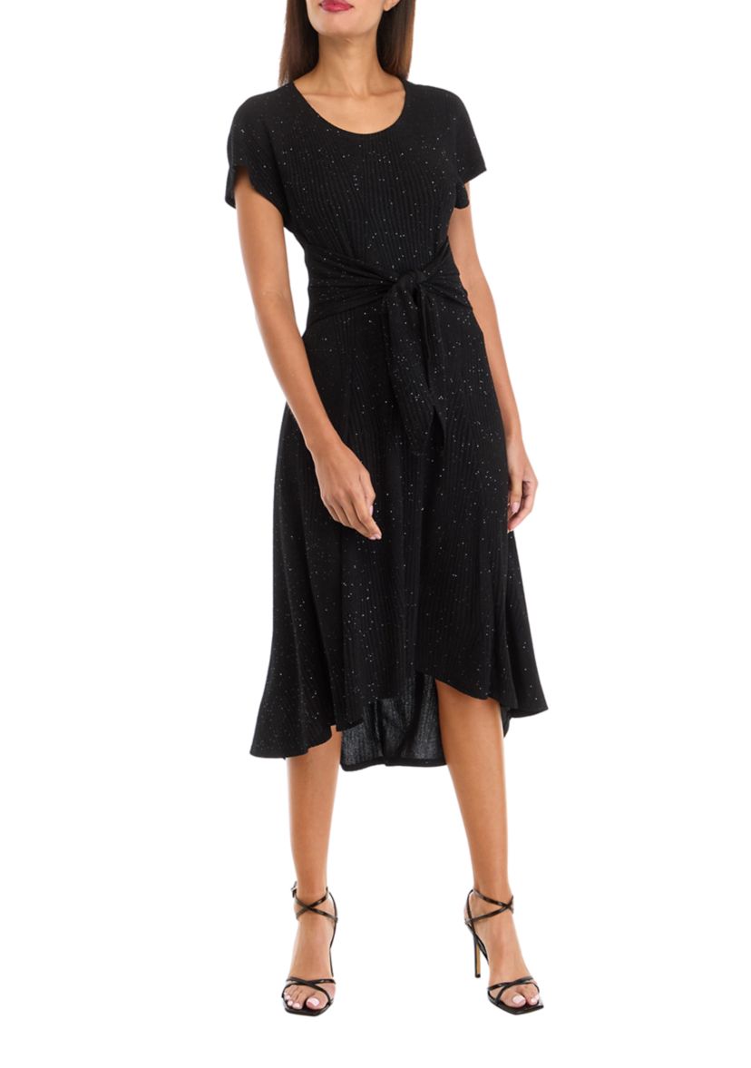 Womens Short Sleeve Tie Waist Solid Glitter Fit and Flare Dress