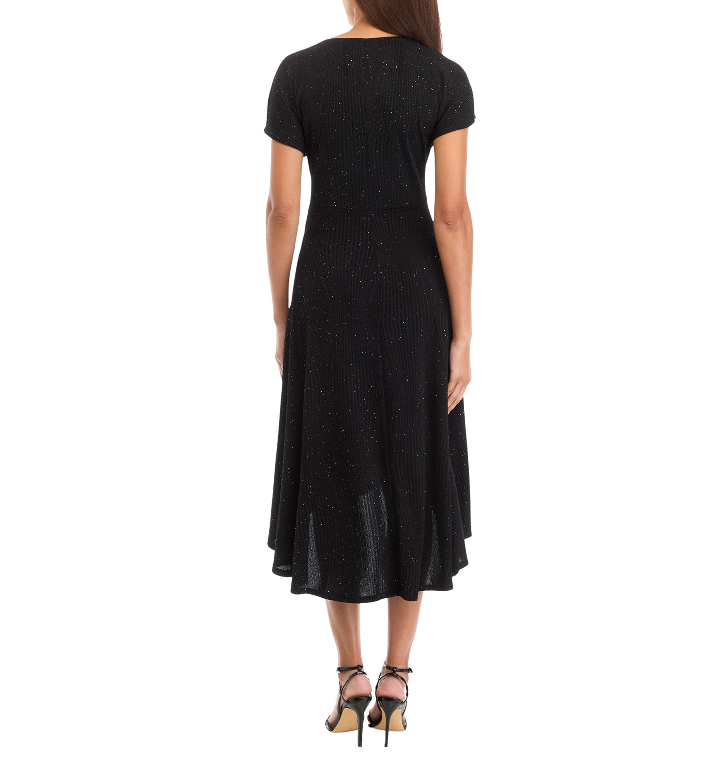 Womens Short Sleeve Tie Waist Solid Glitter Fit and Flare Dress