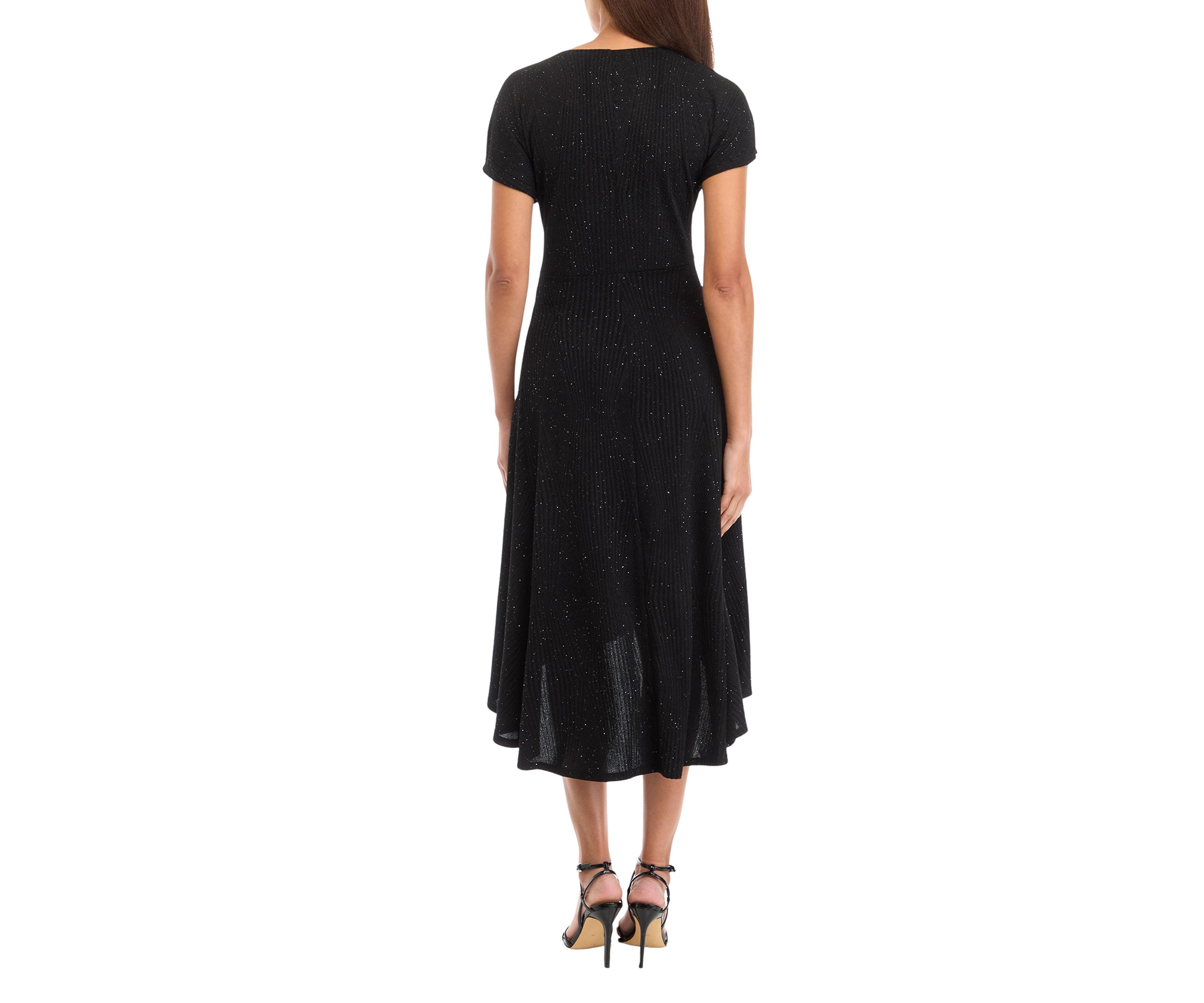 Womens Short Sleeve Tie Waist Solid Glitter Fit and Flare Dress