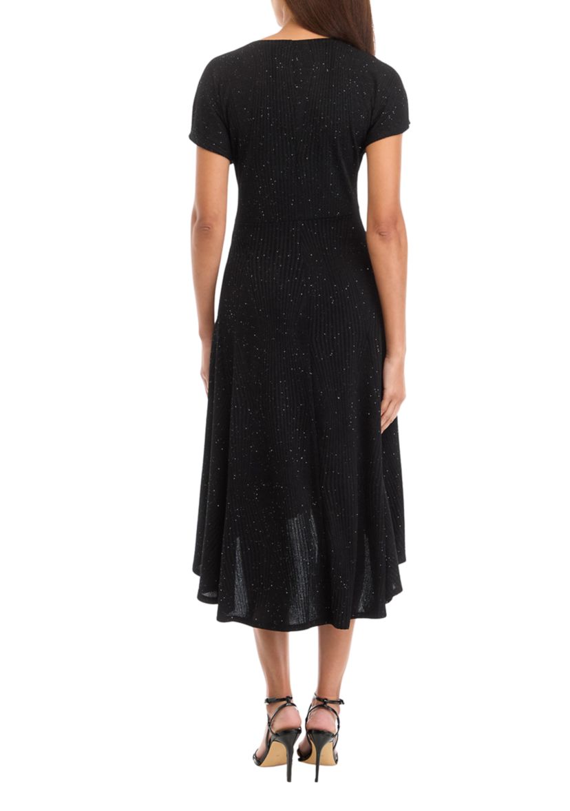 Womens Short Sleeve Tie Waist Solid Glitter Fit and Flare Dress