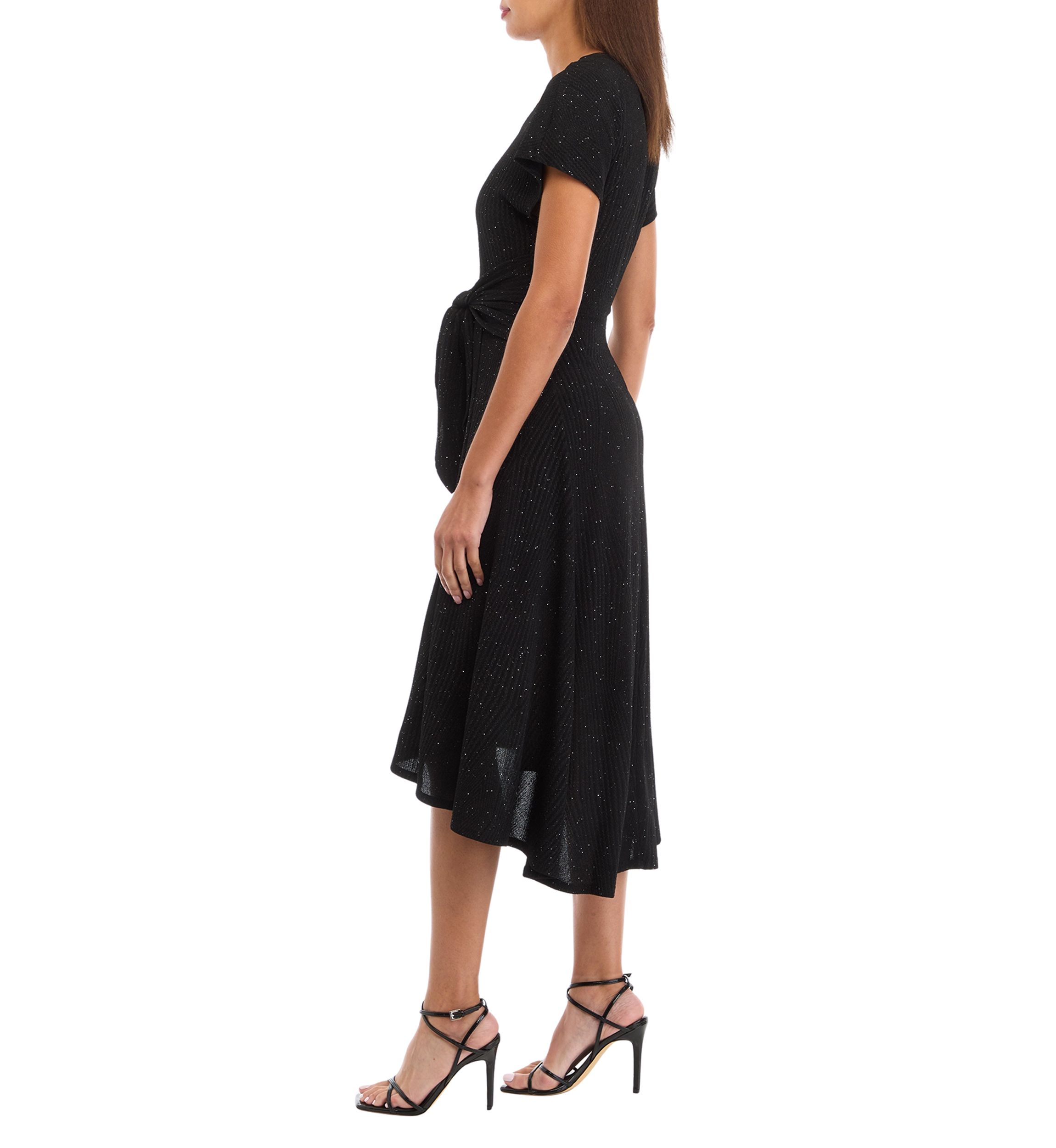 Womens Short Sleeve Tie Waist Solid Glitter Fit and Flare Dress