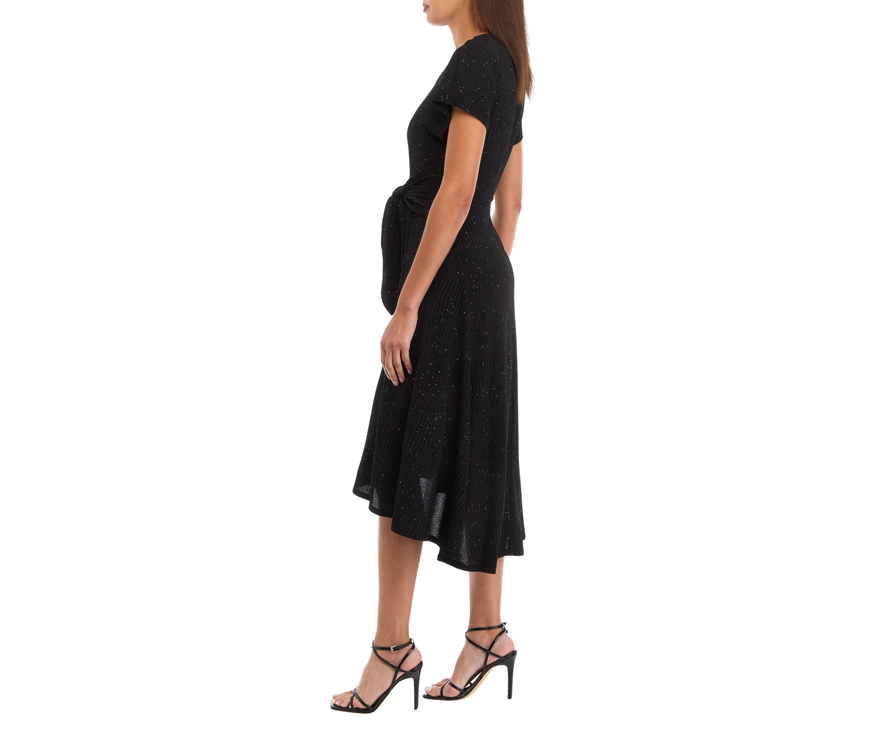 Womens Short Sleeve Tie Waist Solid Glitter Fit and Flare Dress