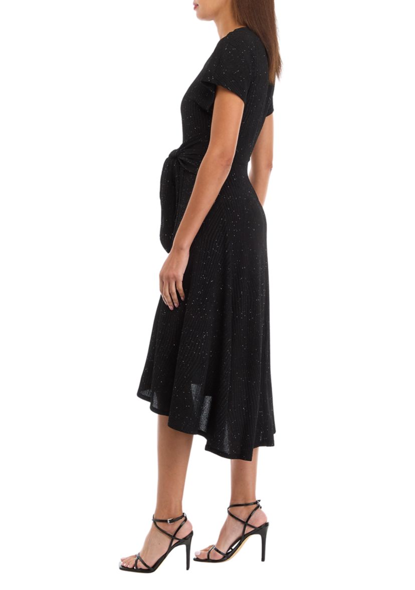 Womens Short Sleeve Tie Waist Solid Glitter Fit and Flare Dress