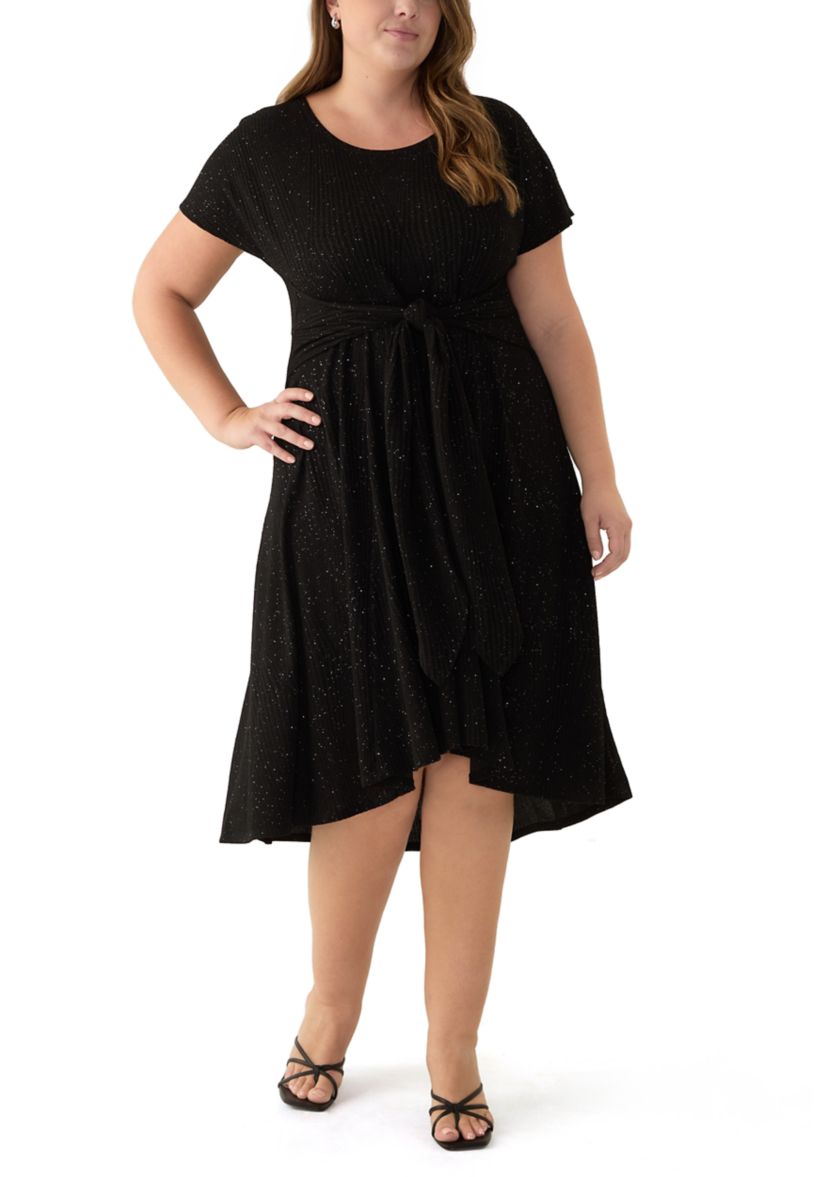 Plus Size Short Sleeve Crew Neck Tie Waist Glitter Knit Fit and Flare Dress