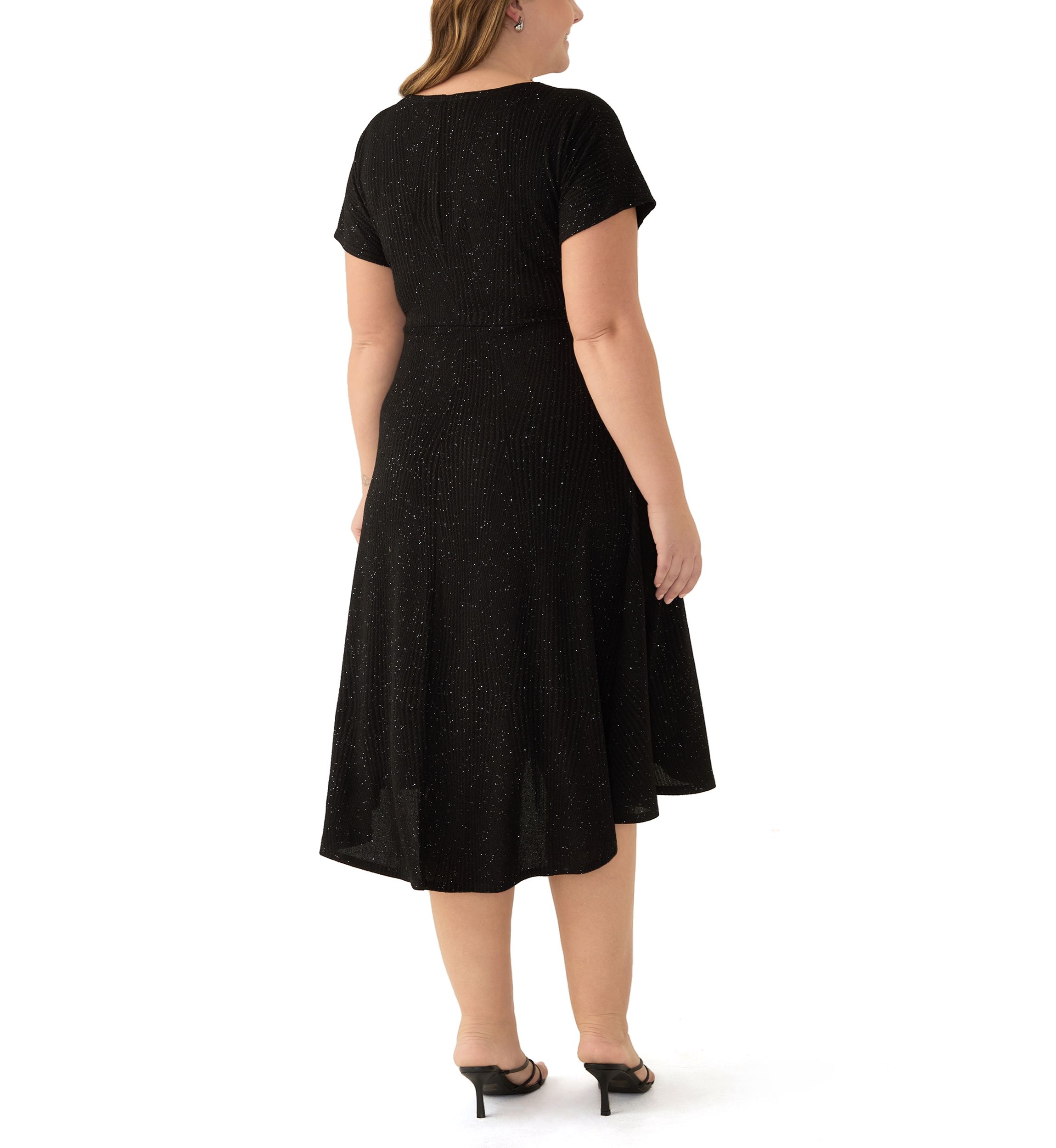 Plus Size Short Sleeve Crew Neck Tie Waist Glitter Knit Fit and Flare Dress