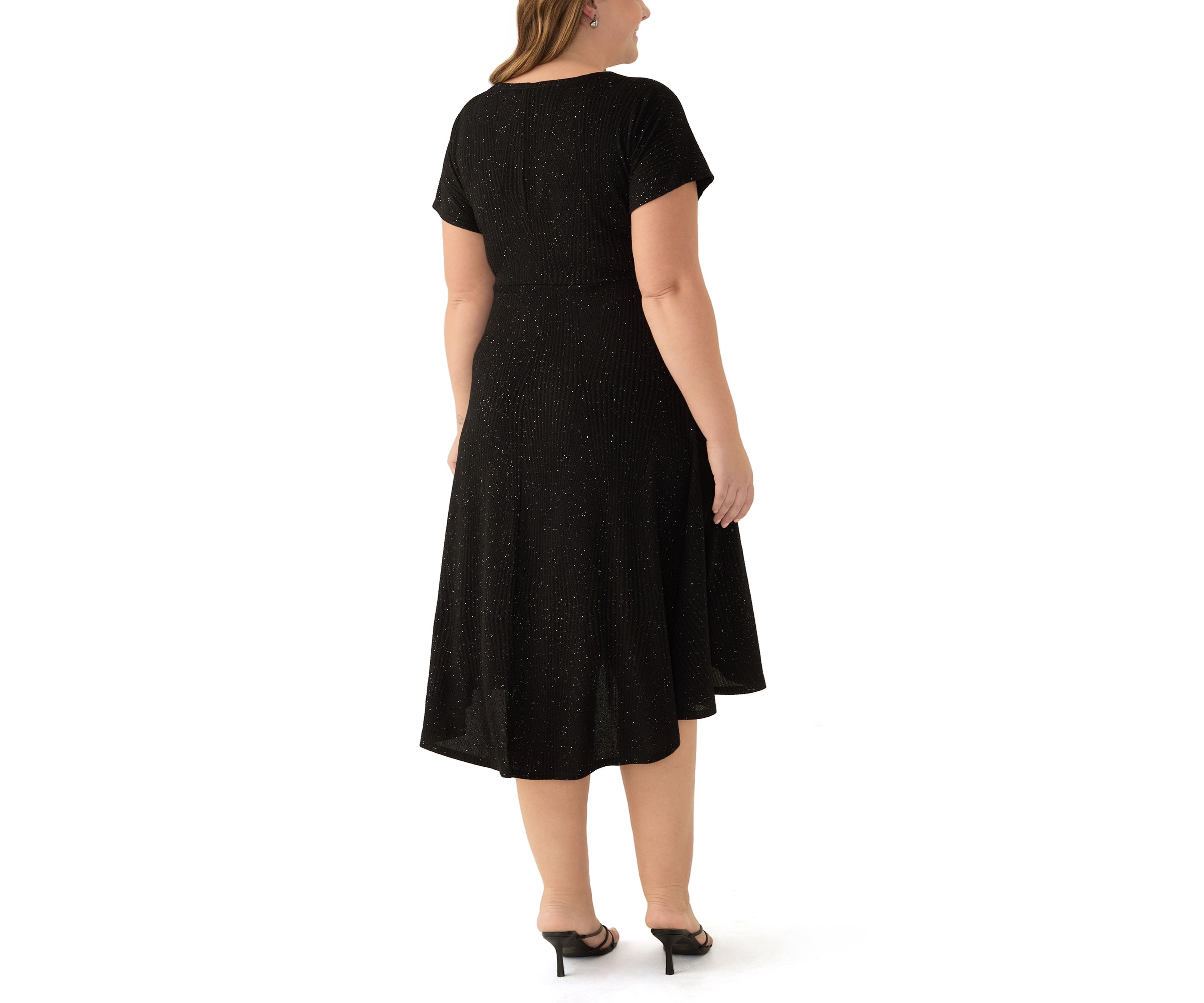 Plus Size Short Sleeve Crew Neck Tie Waist Glitter Knit Fit and Flare Dress