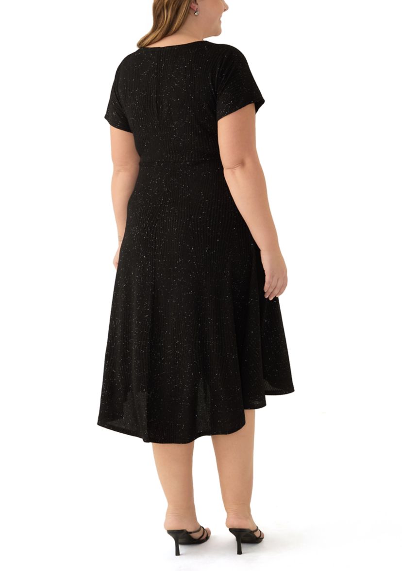 Plus Size Short Sleeve Crew Neck Tie Waist Glitter Knit Fit and Flare Dress