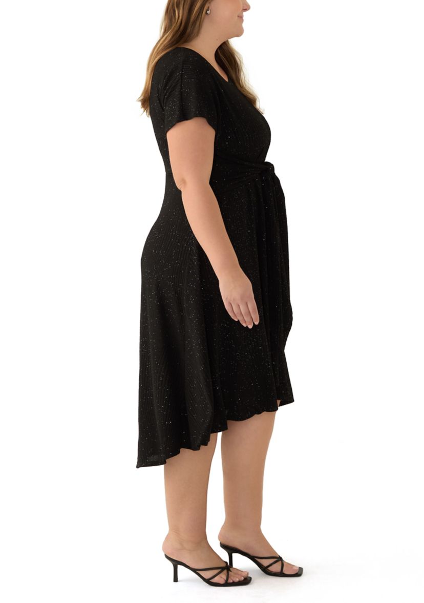 Plus Size Short Sleeve Crew Neck Tie Waist Glitter Knit Fit and Flare Dress