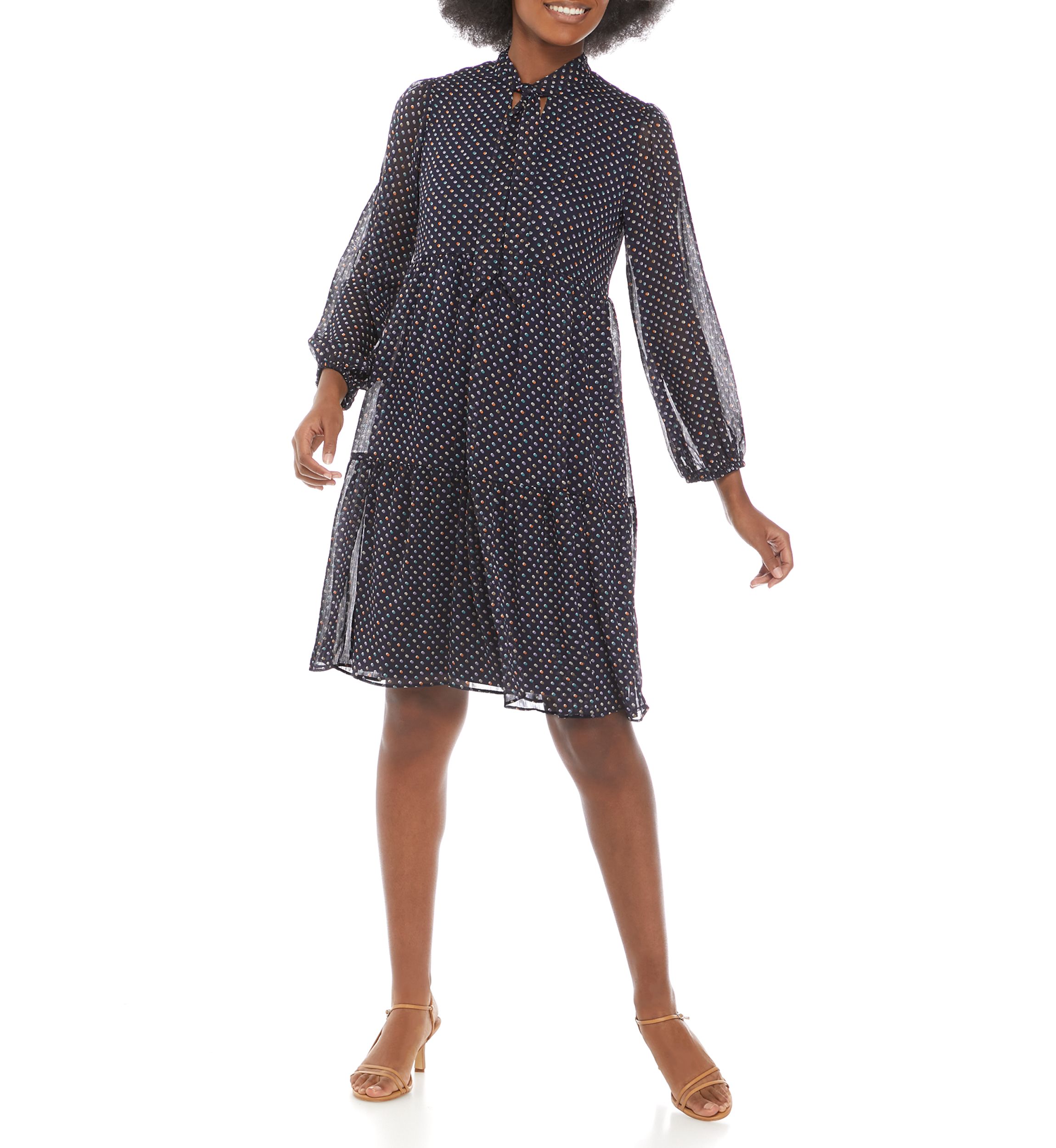Womens Blouson Sleeve Polka Dot Tie Neck Dress