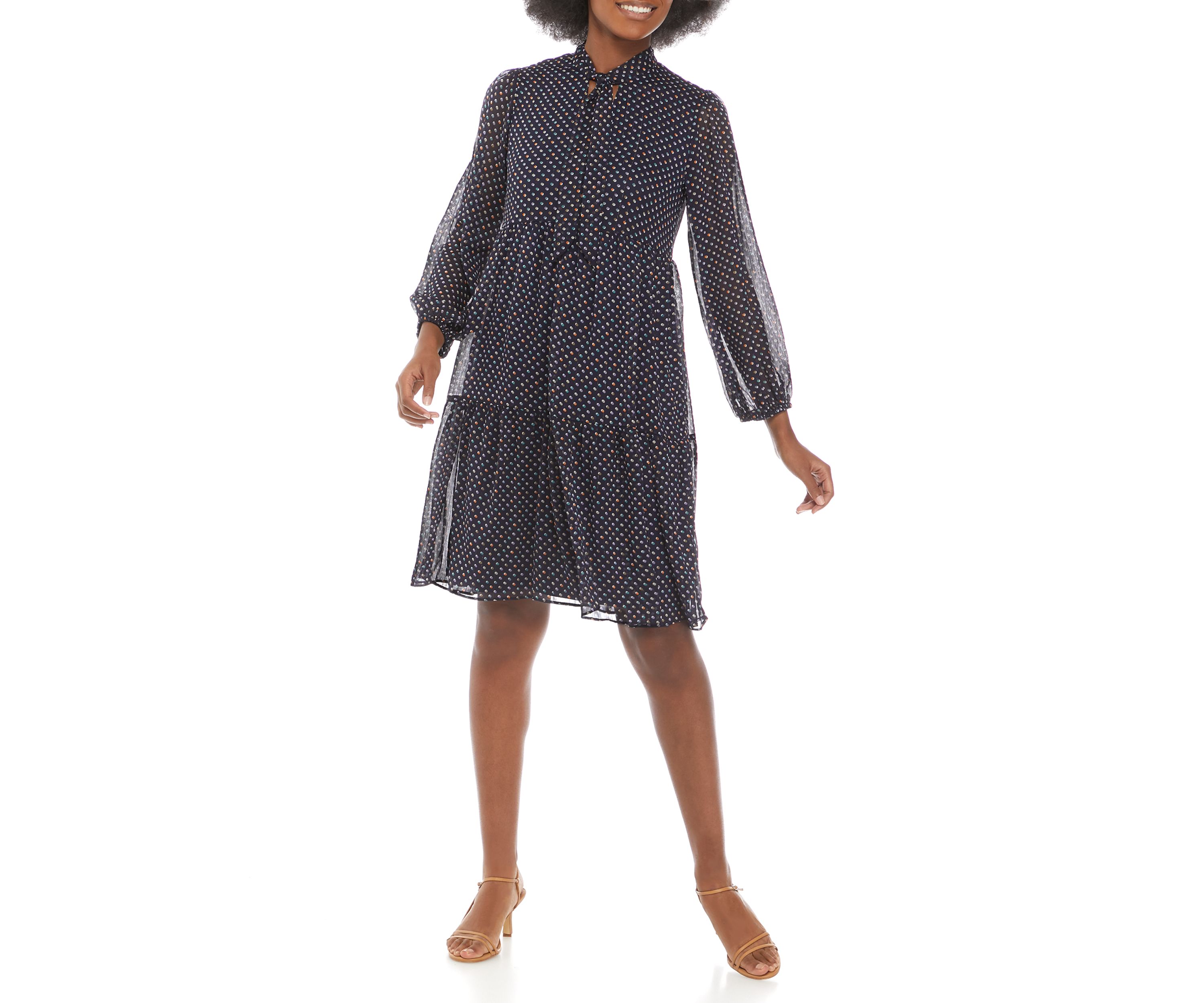 Womens Blouson Sleeve Polka Dot Tie Neck Dress
