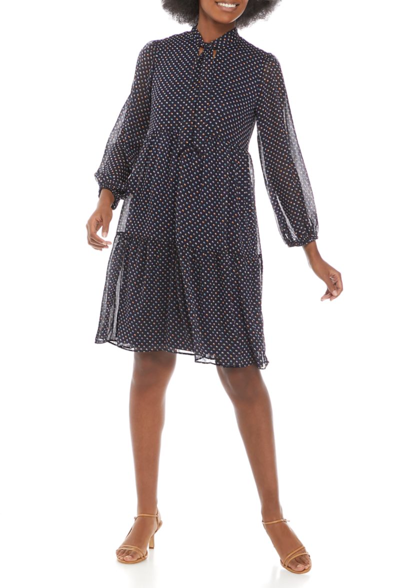 Womens Blouson Sleeve Polka Dot Tie Neck Dress