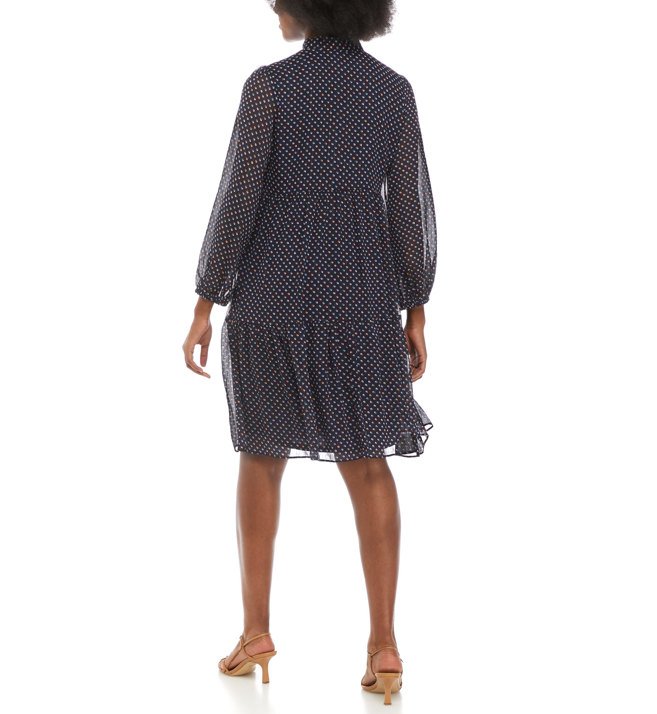 Womens Blouson Sleeve Polka Dot Tie Neck Dress