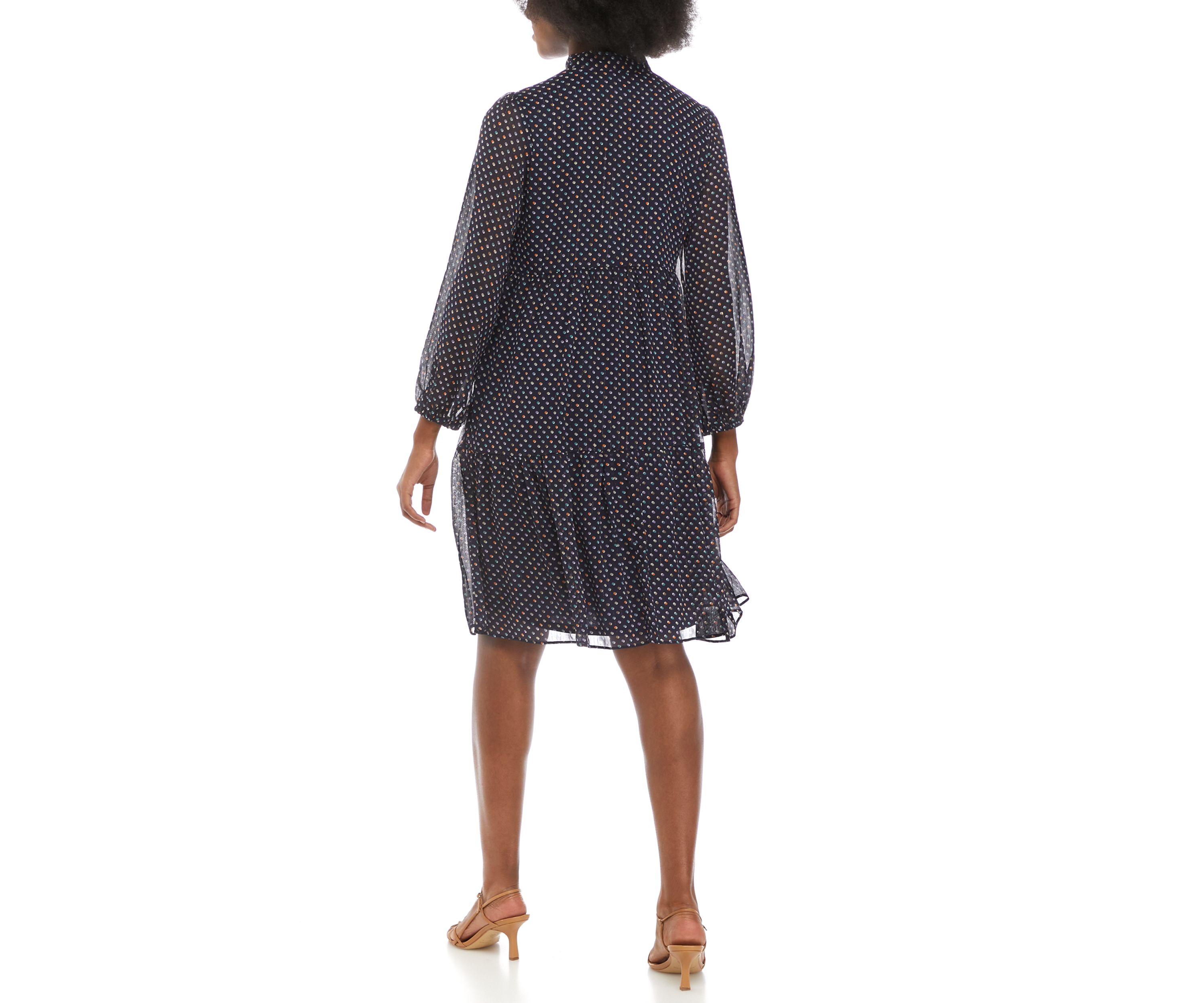 Womens Blouson Sleeve Polka Dot Tie Neck Dress