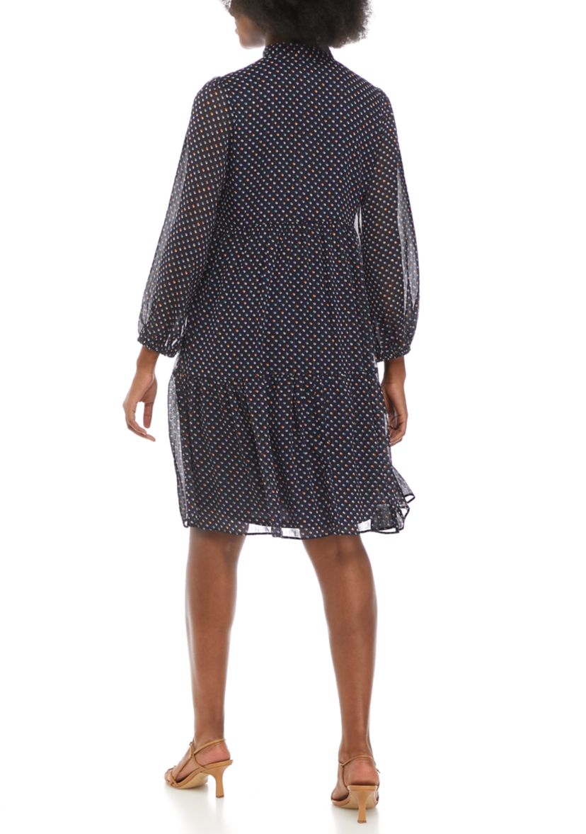 Womens Blouson Sleeve Polka Dot Tie Neck Dress