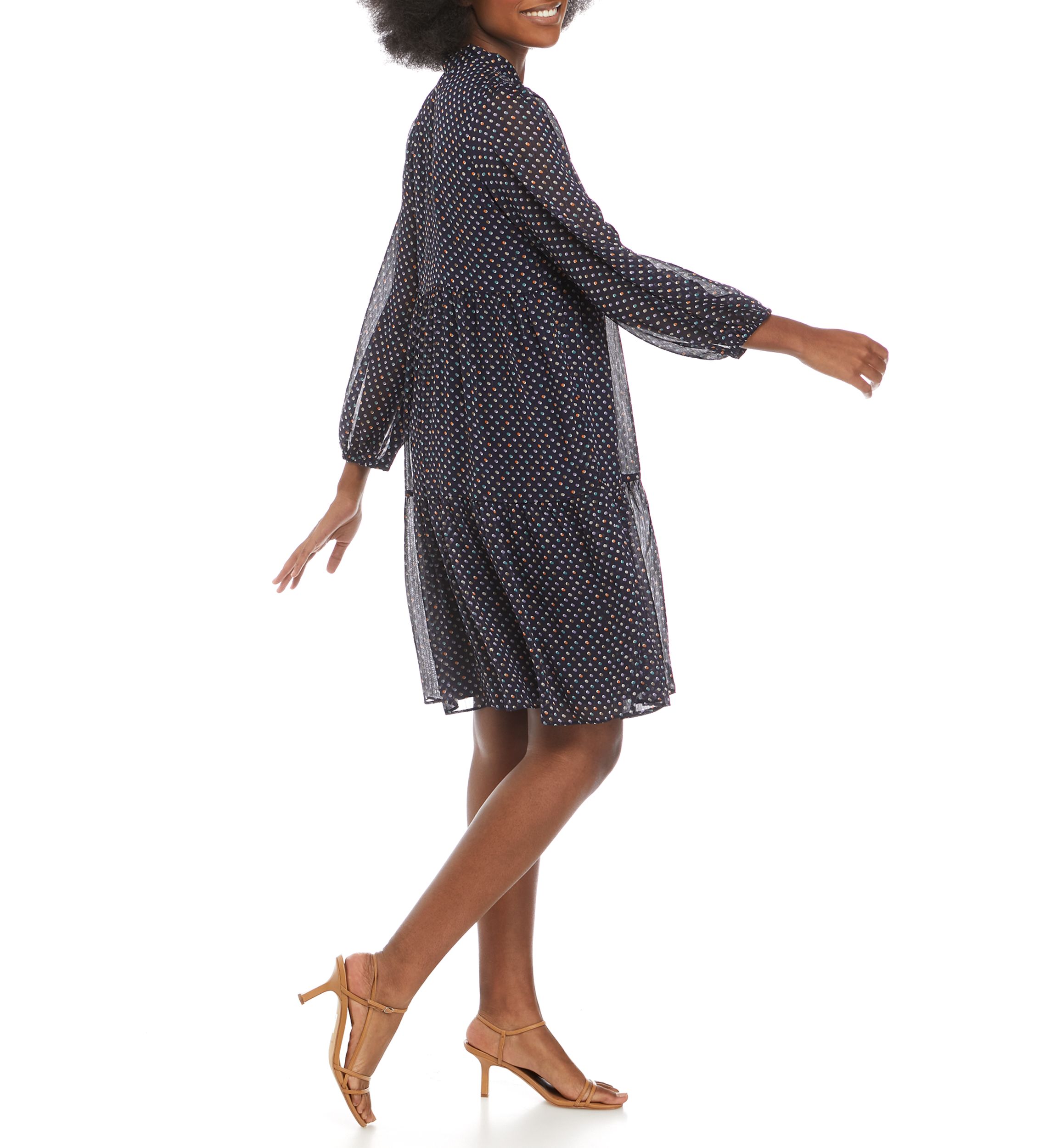 Womens Blouson Sleeve Polka Dot Tie Neck Dress