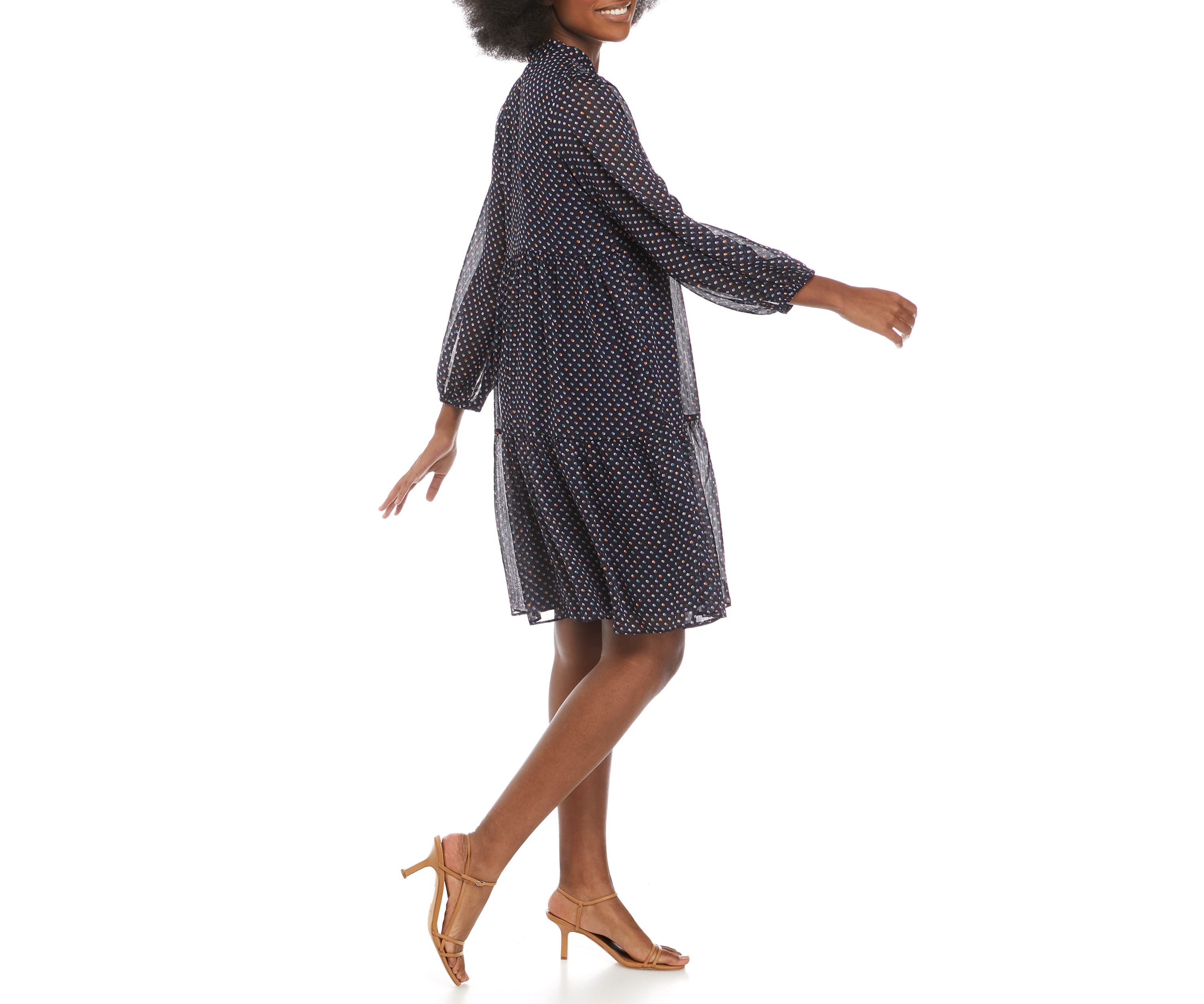Womens Blouson Sleeve Polka Dot Tie Neck Dress